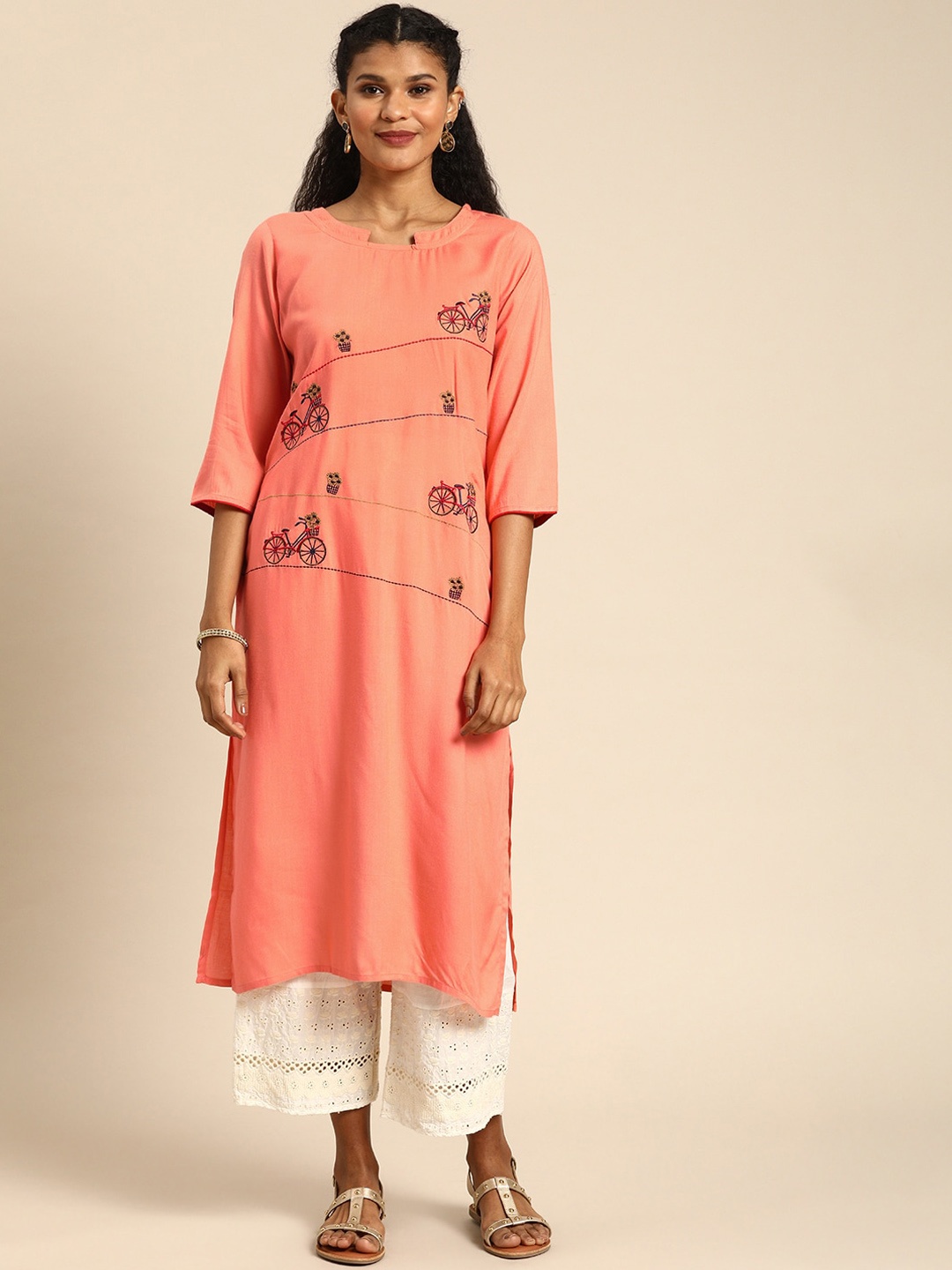 

KALINI Geometric Embroidered Thread Work Straight Kurta, Peach