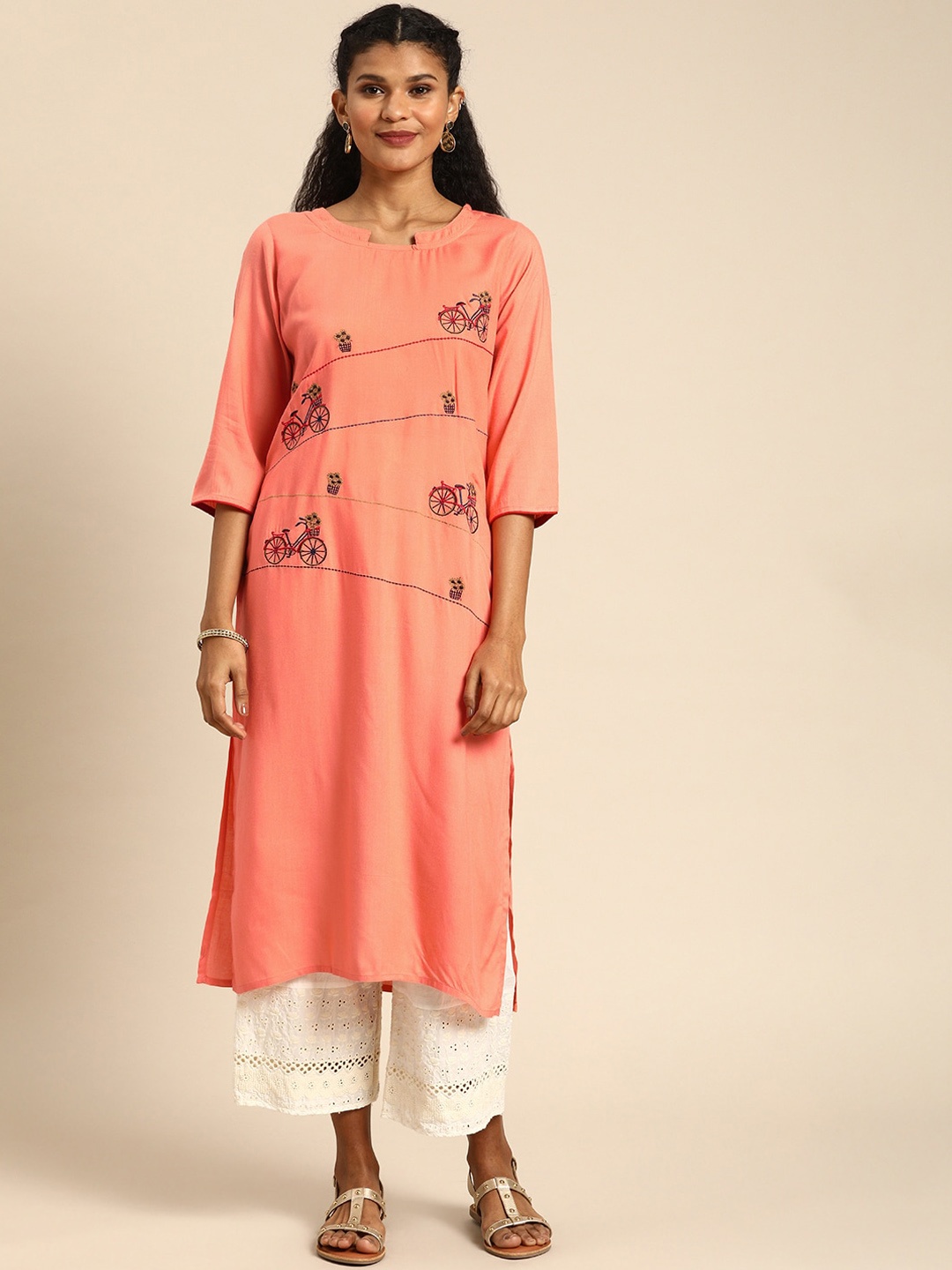 

KALINI Embroidered Keyhole Neck Straight Kurta, Peach