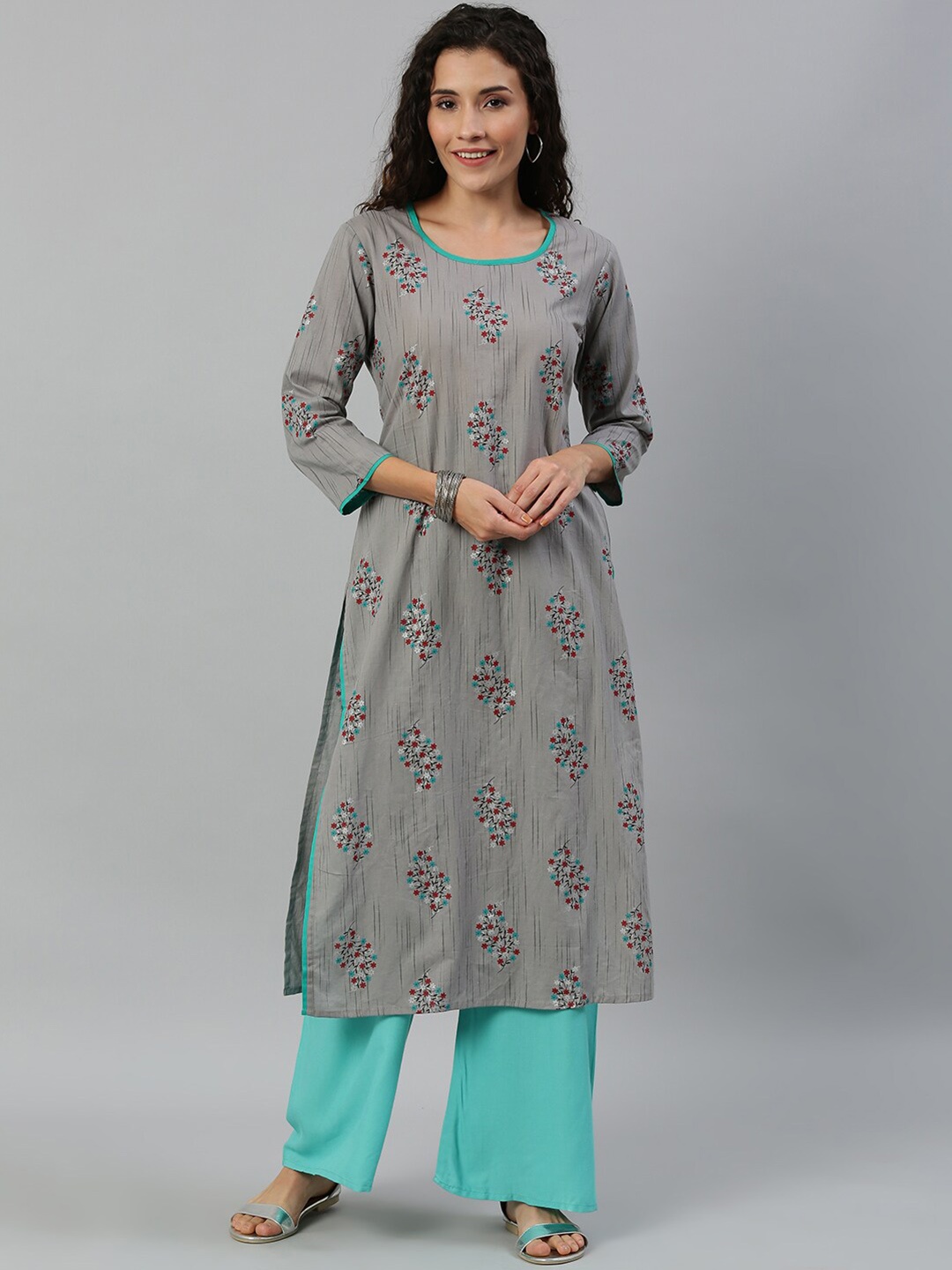KALINI Floral Printed Straight Kurta, Grey