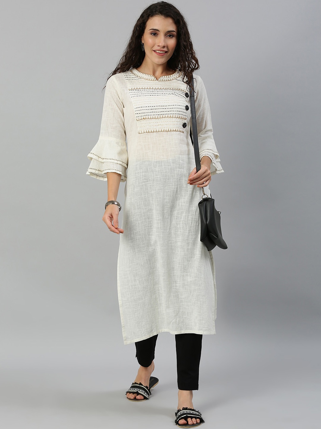 

KALINI Geometric Embroidered Bell Sleeves Straight Kurta, White