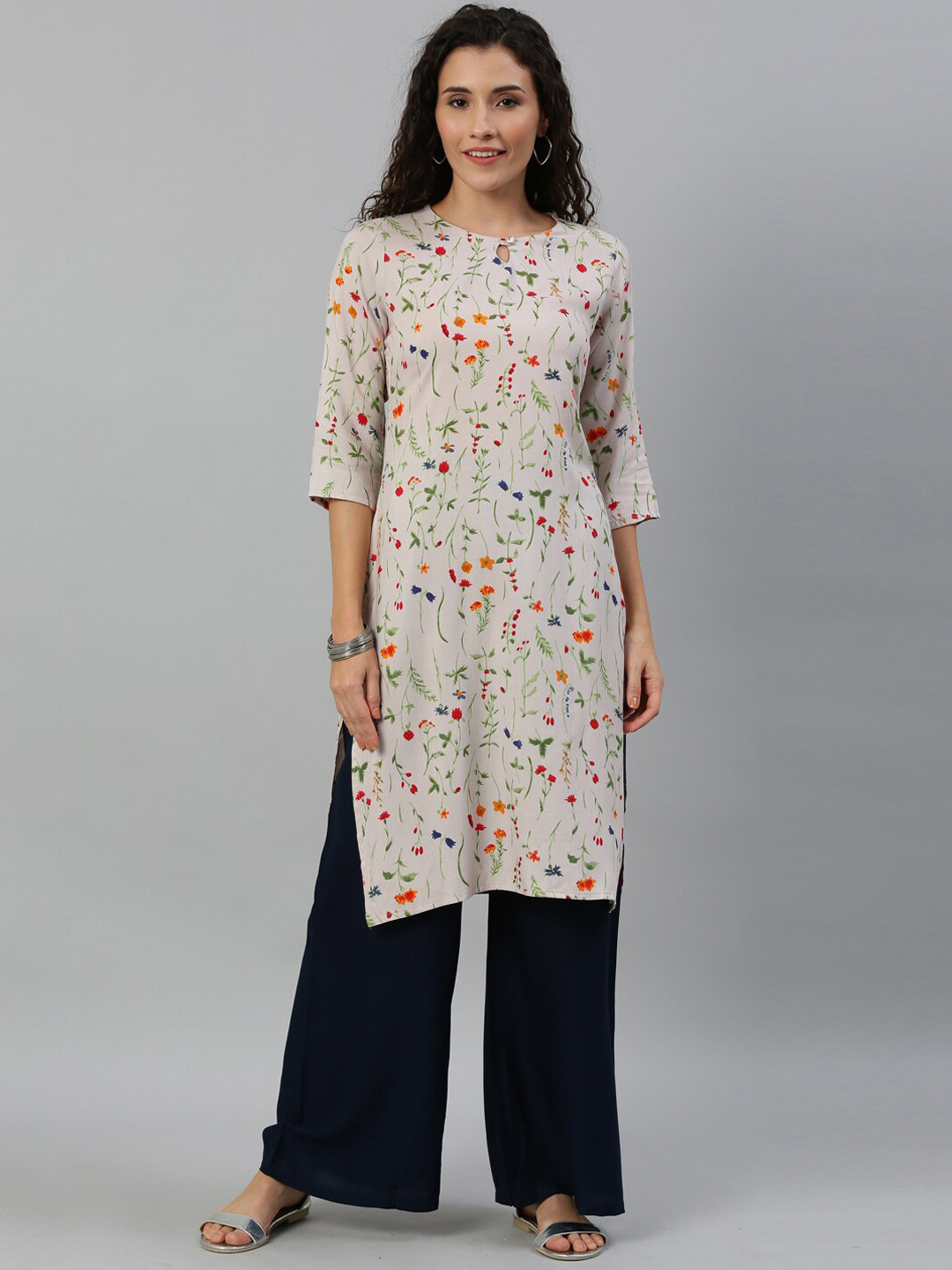 

KALINI Floral Printed Keyhole Neck Straight Kurta, Off white