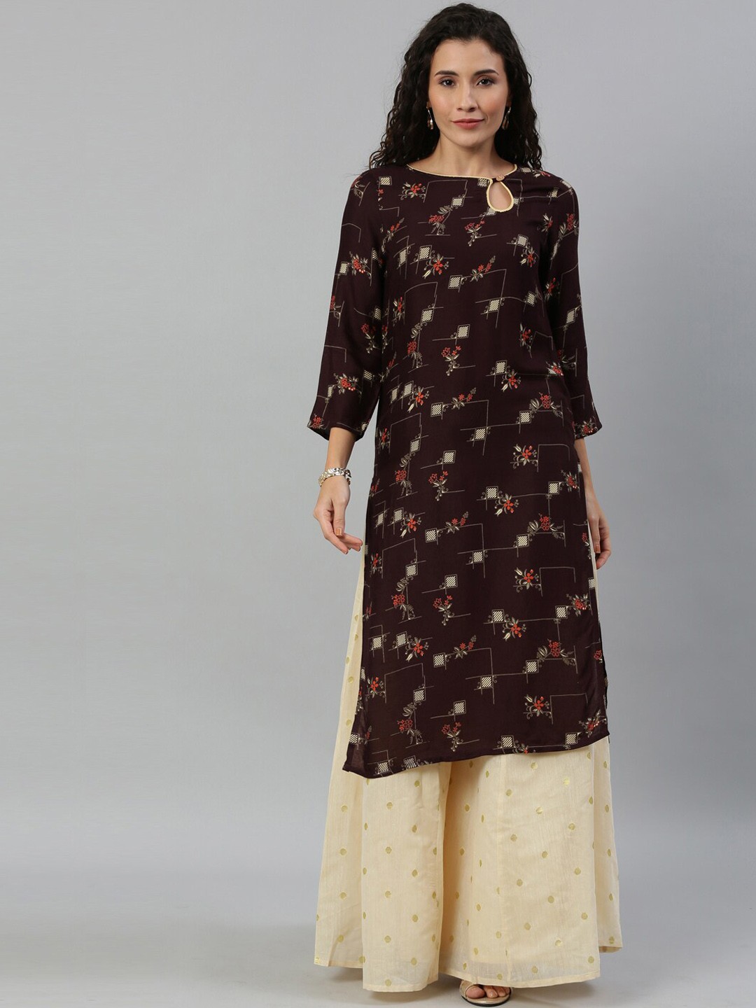 

KALINI Floral Printed Keyhole Neck Kurta, Brown