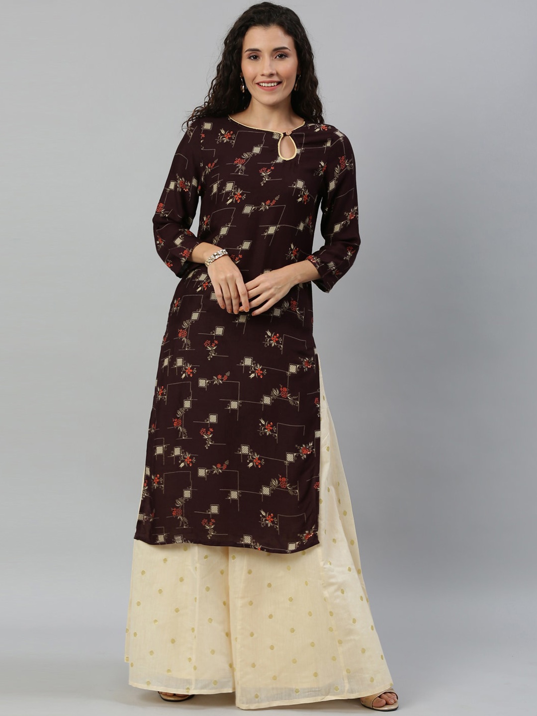 

KALINI Floral Printed Keyhole Neck Straight Kurta, Brown