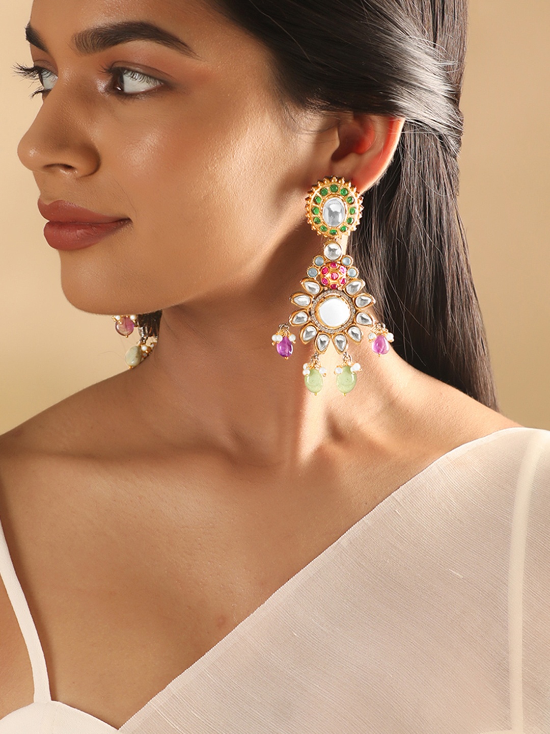 

Rubans Gold-Plated CZ & Kundan-Studded Contemporary Chandbalis