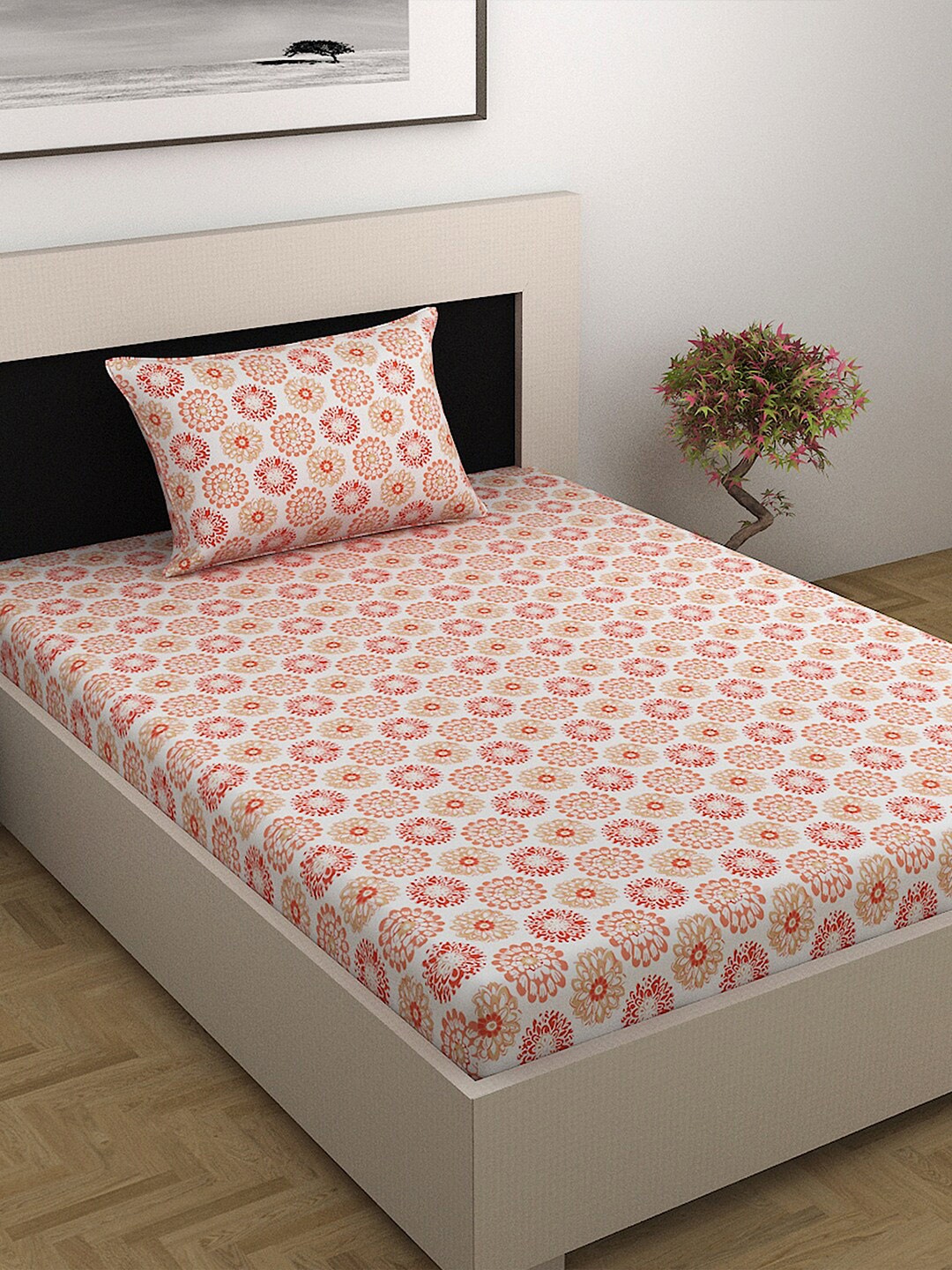 

Divine Casa Ethnic Motifs Cotton 144 TC Single Bedsheet 1 Pillow Cover, Peach