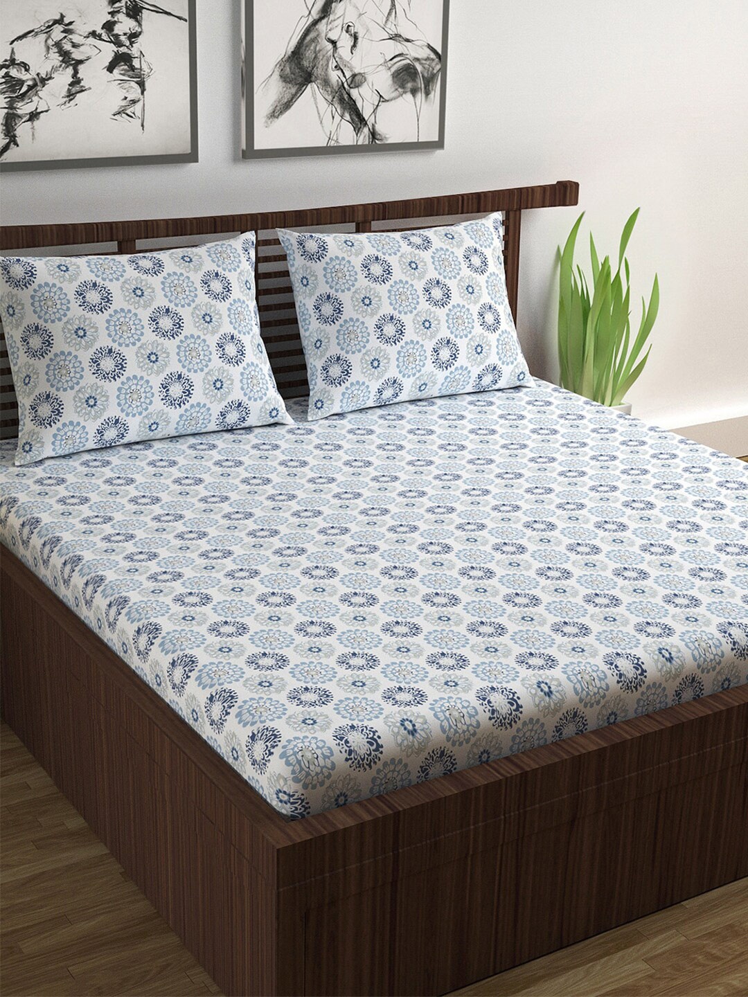 

Divine Casa Prisham White Blue Printed Cotton 144 TC Queen Bedsheet With 2 Pillow Covers