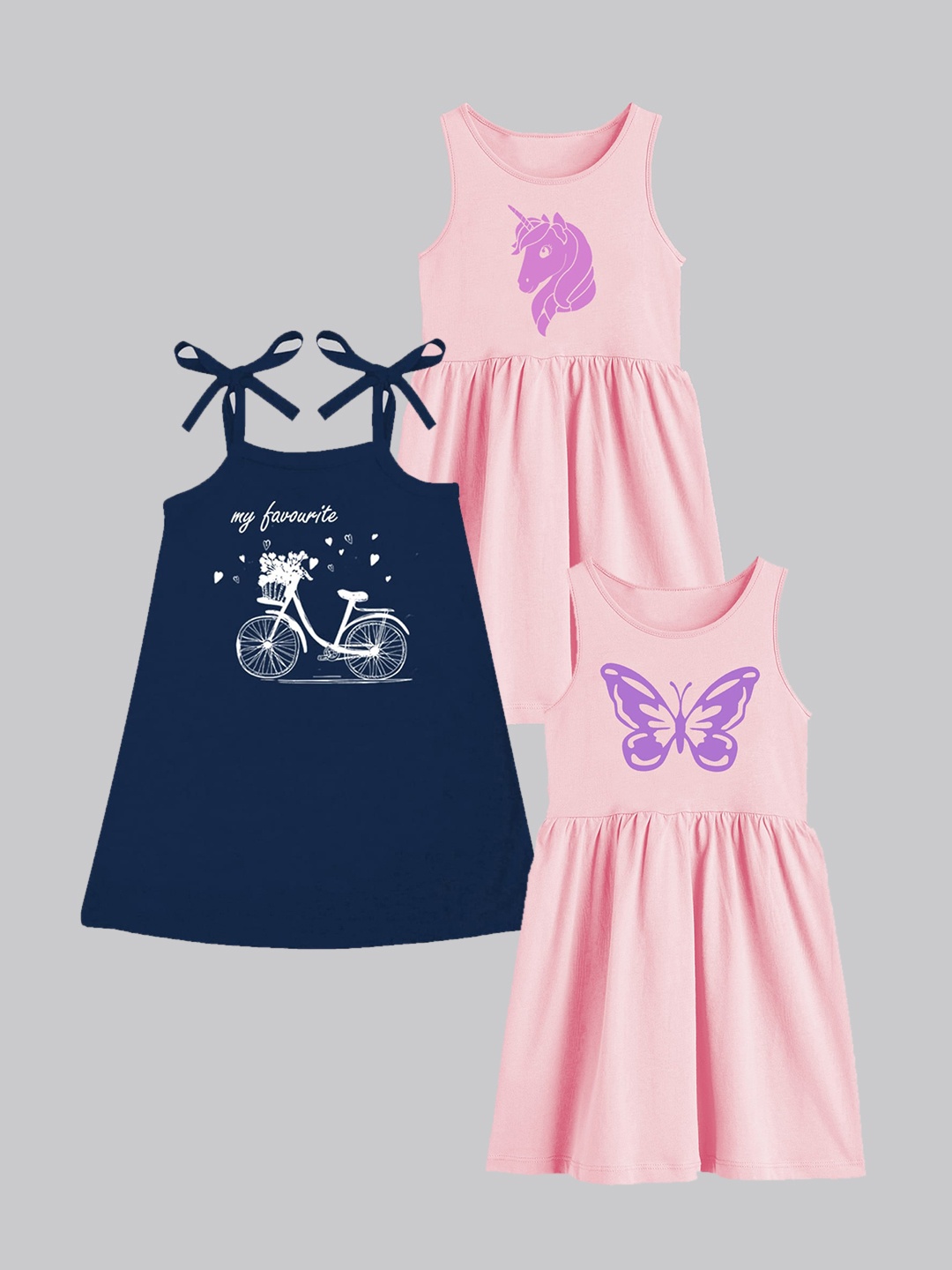 

A.T.U.N. Girls Pack Of 3 Printed Sleeveless Cotton Fit & Flare Dress, Pink
