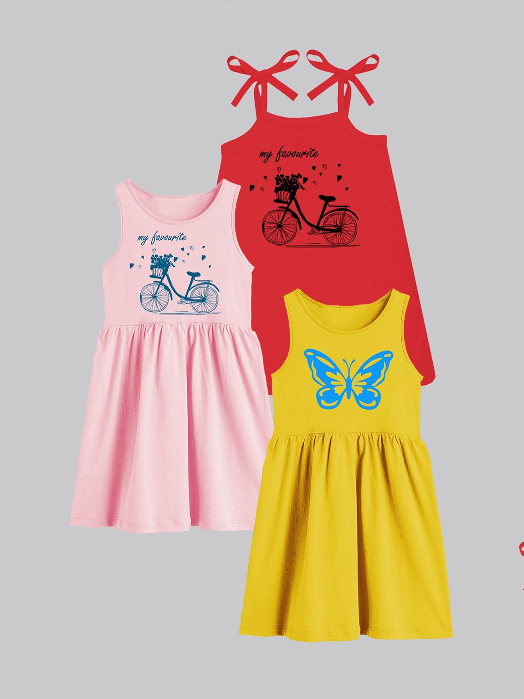 

A.T.U.N. Girls Pack Of 3 Printed Sleeveless Cotton Fit & Flare Dress, Yellow
