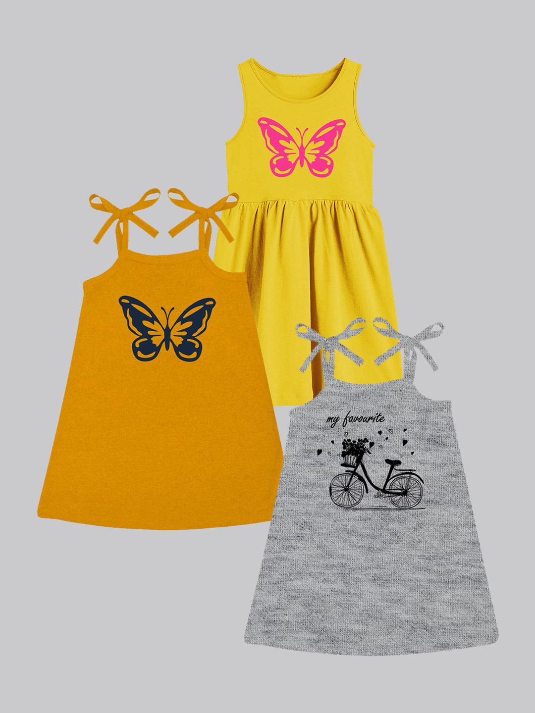 

A.T.U.N. Girls Pack Of 3 Printed Sleeveless Cotton A-Line Dress, Grey