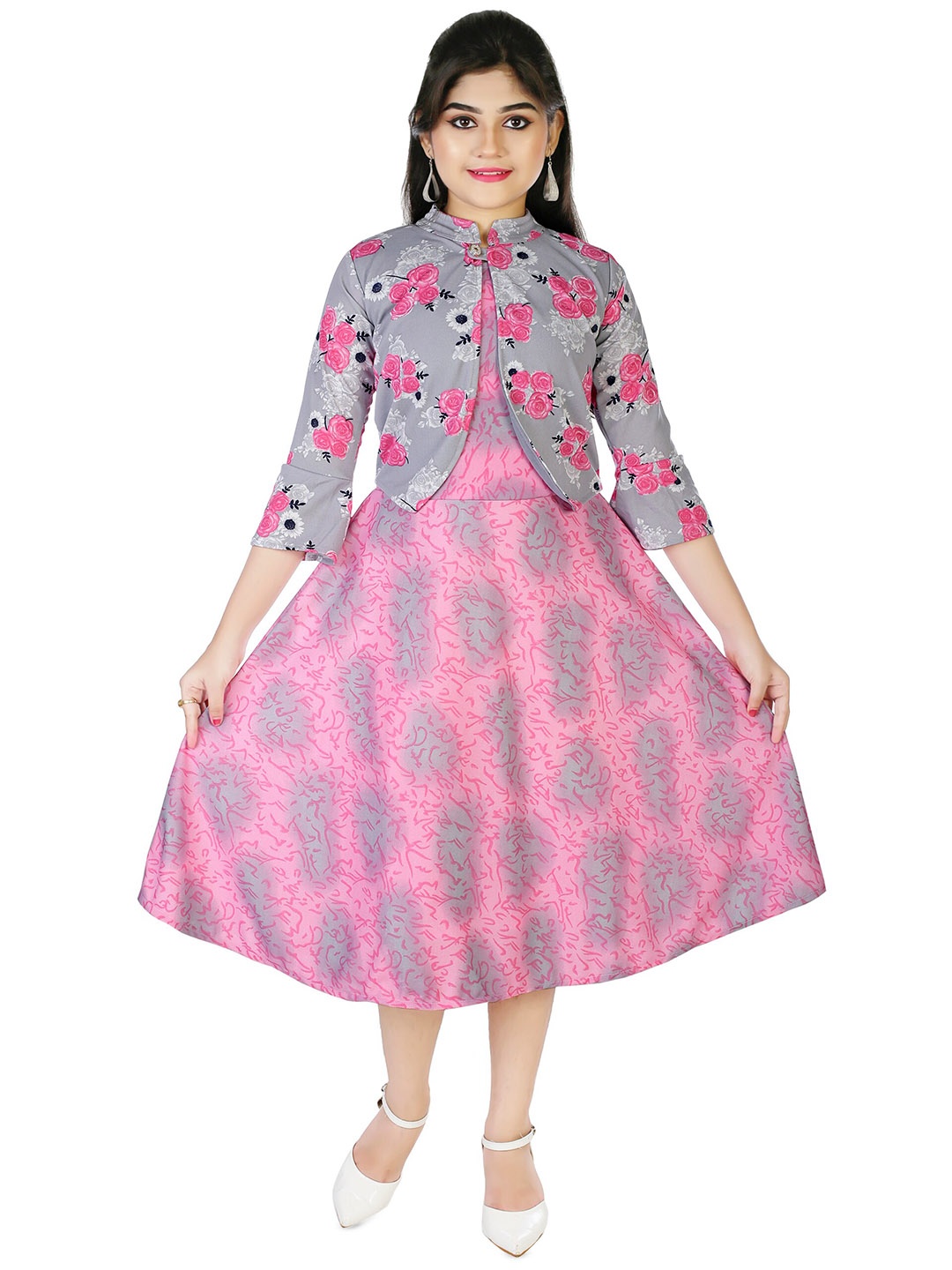 

CELEBRITY CLUB Girls Abstract Printed A-Line Dress With Jacket, Pink