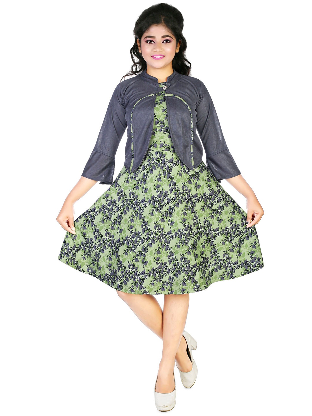 

CELEBRITY CLUB Girls Floral Printed A-Line Dress With Jacket, Green