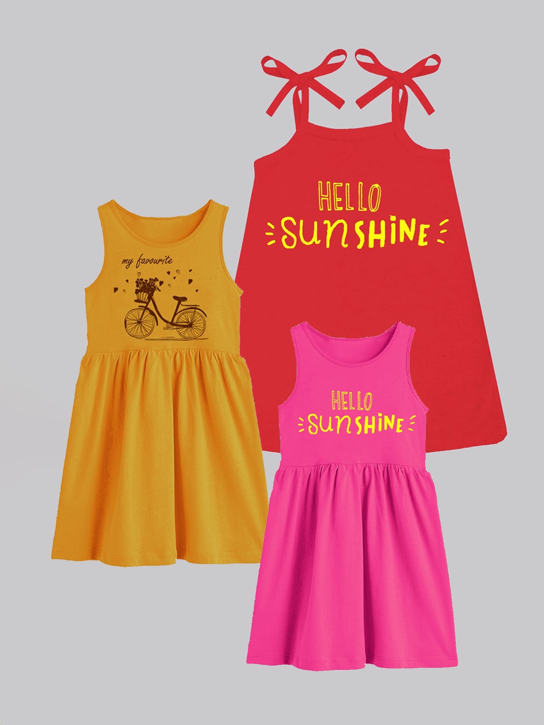 

A.T.U.N. Girls Pack Of 3 Printed Sleeveless Cotton Fit & Flare Dress, Fuchsia