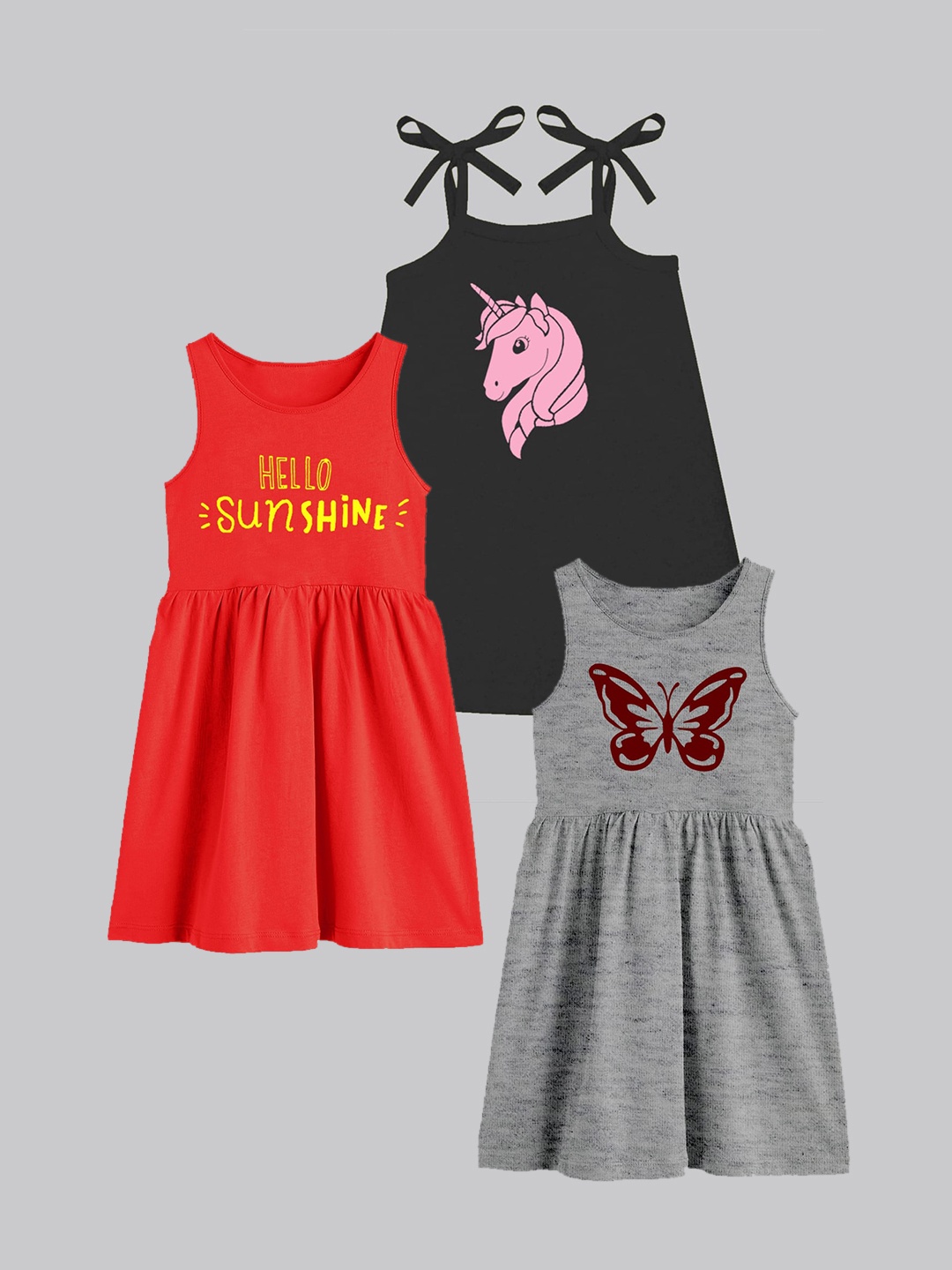 

A.T.U.N. Girls Pack Of 3 Printed Sleeveless Cotton fit & flare Dress, Grey melange