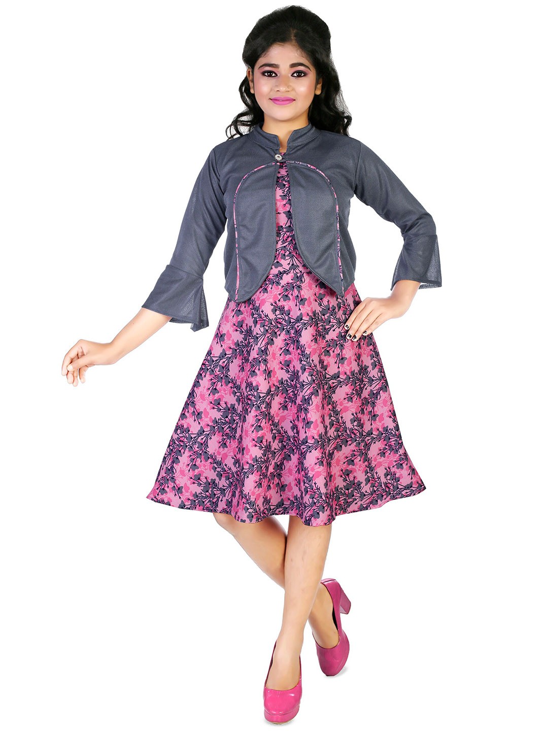 

CELEBRITY CLUB Girls Floral Printed Fit & Flare Dress With Shrug, Pink