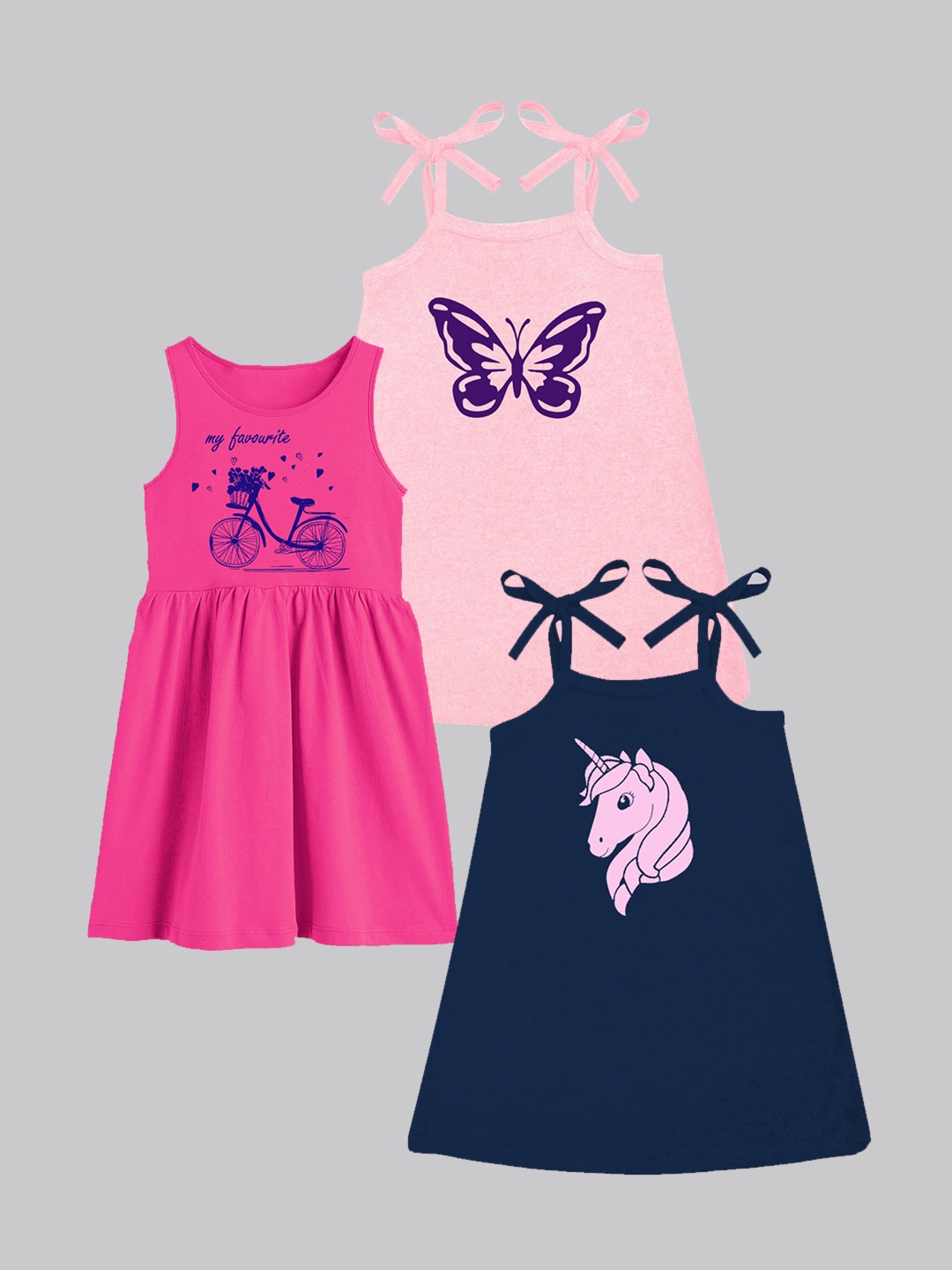 

A.T.U.N. Girls Pack Of 3 Printed Sleeveless Cotton A-Line Dress, Navy blue