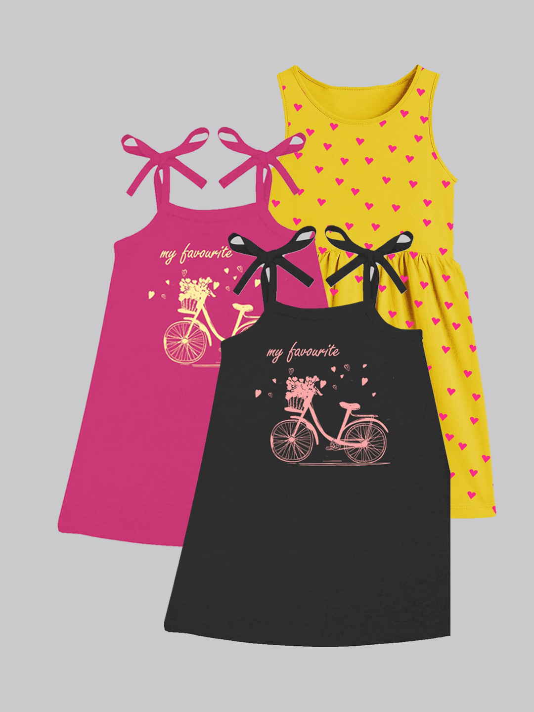 

A.T.U.N. Girls Pack Of 3 Printed Sleeveless Cotton A-Line Dress, Black