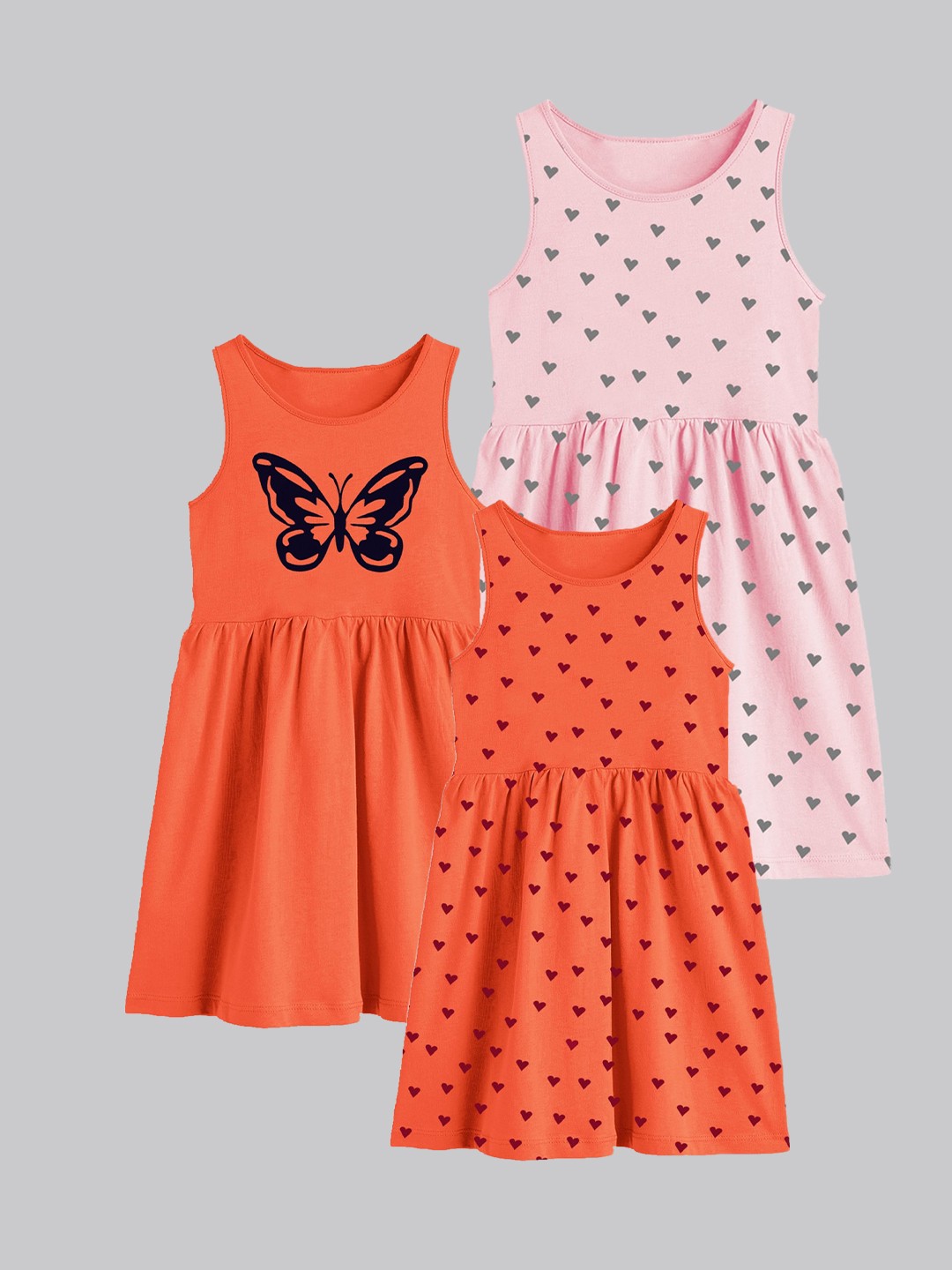 

A.T.U.N. Girls Pack Of 3 Printed Sleeveless Cotton Fit & Flare Dress, Orange