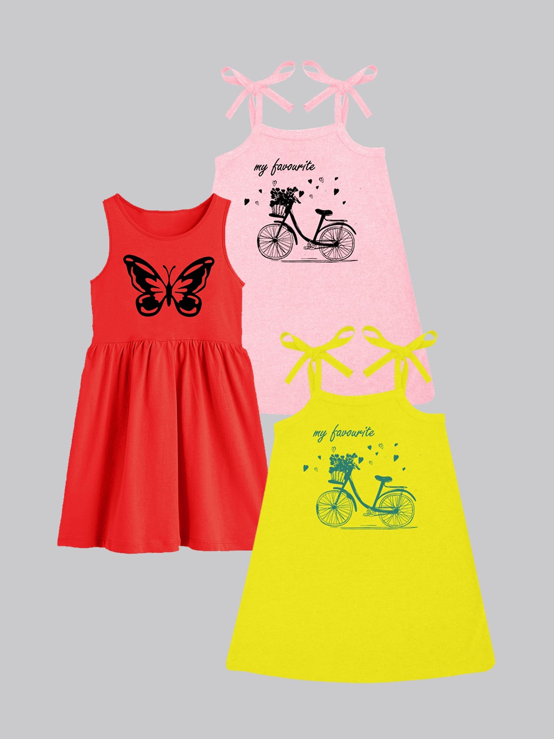 

A.T.U.N. Girls Pack Of 3 Printed Sleeveless Cotton A-Line Dress, Yellow