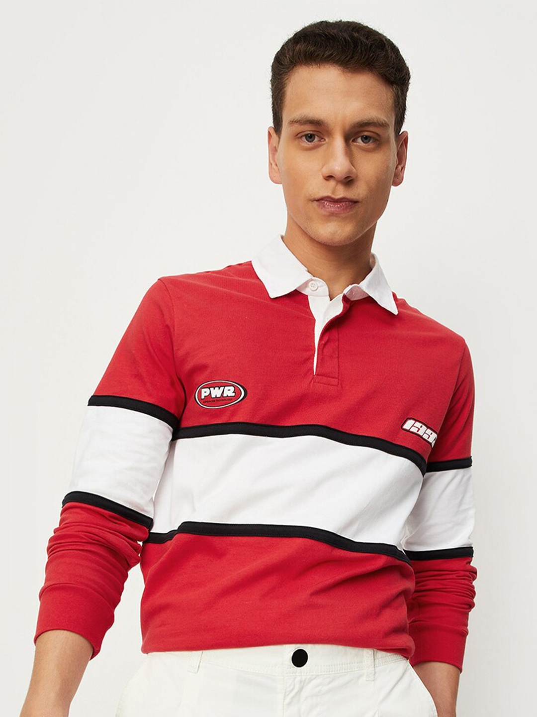 

max Polo Collar Colourblocked Cotton T-shirt, Red
