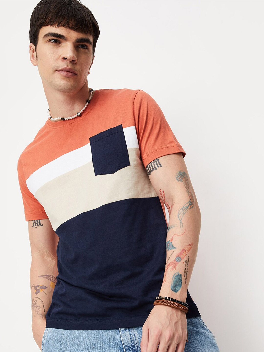 

max Colourblocked Pocket Detail Pure Cotton T-shirt, Coral