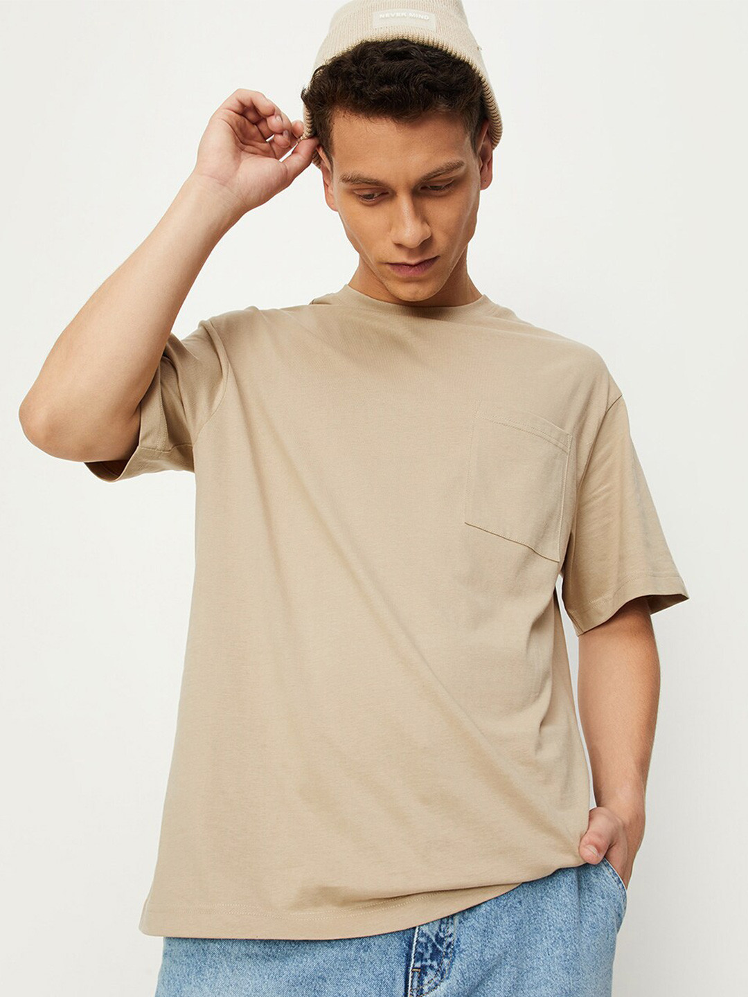

max Men High Neck Drop Shoulder Sleeves Cotton Casual T-shirt, Beige