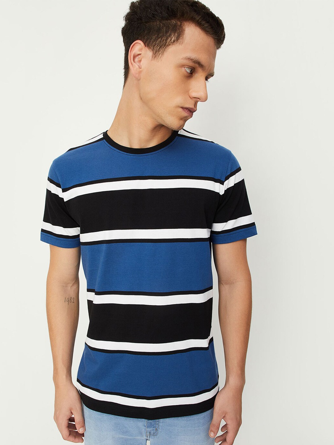 

max Striped Round Neck Pure Cotton T-shirt, Blue