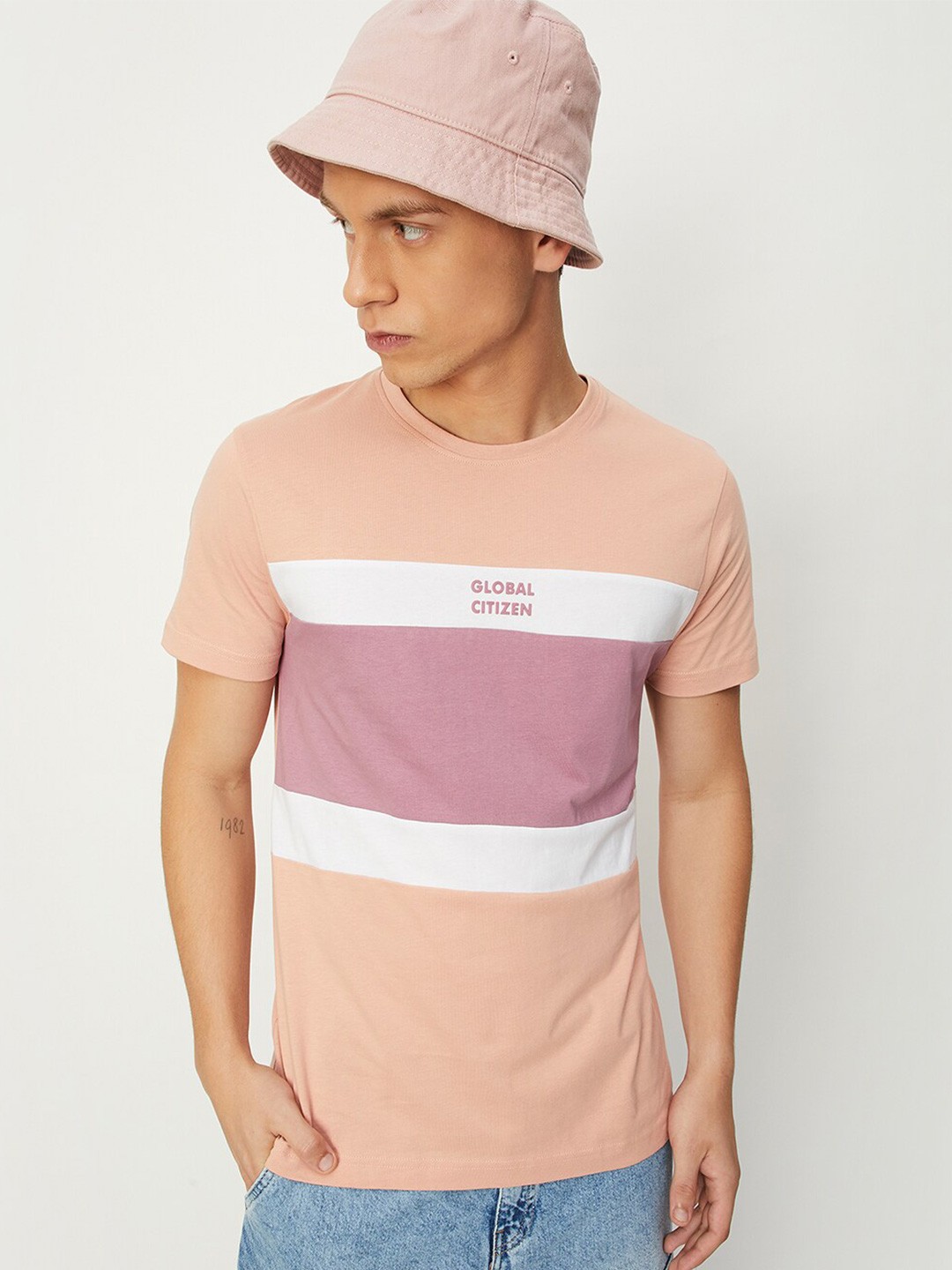 

max Striped Round Neck Pure Cotton T-shirt, Pink