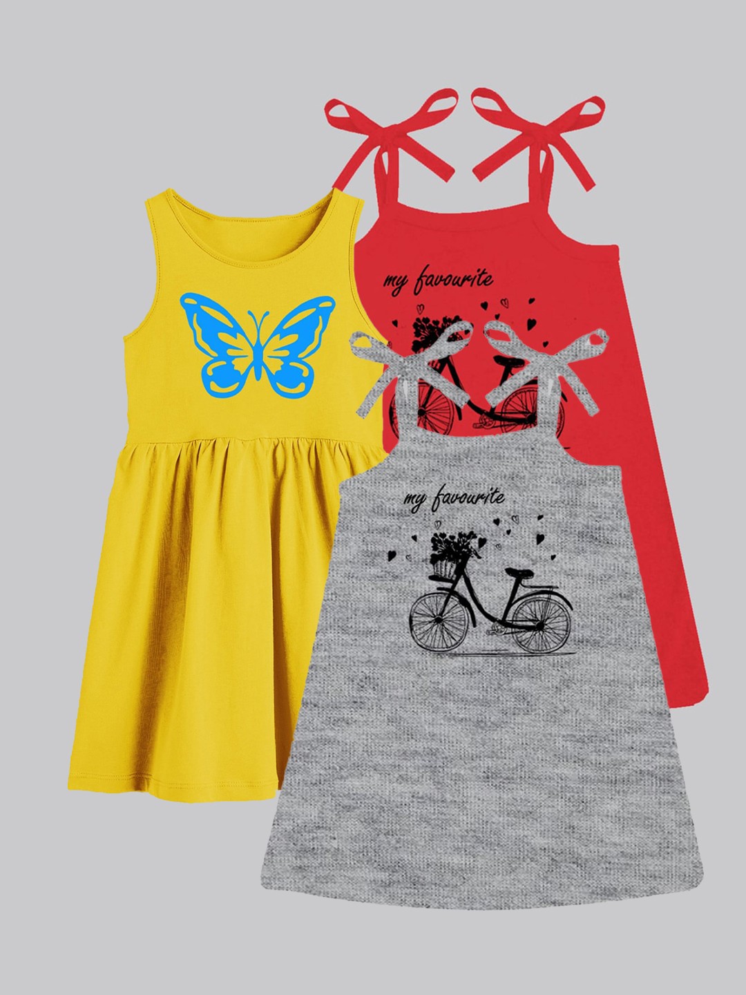 

A.T.U.N. Girls Pack Of 3 Printed Sleeveless Cotton A-Line Dress, Grey