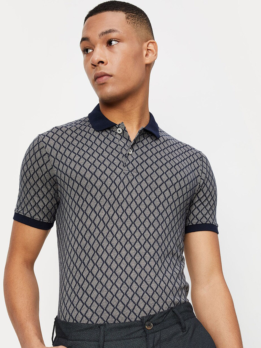

max Geometric Printed Polo Collar Cotton T-shirt, Grey