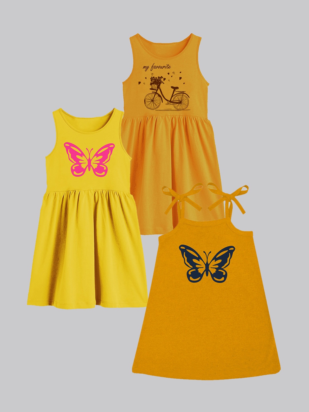 

A.T.U.N. Girls Pack Of 3 Printed Sleeveless Cotton Fit & Flare Dress, Mustard