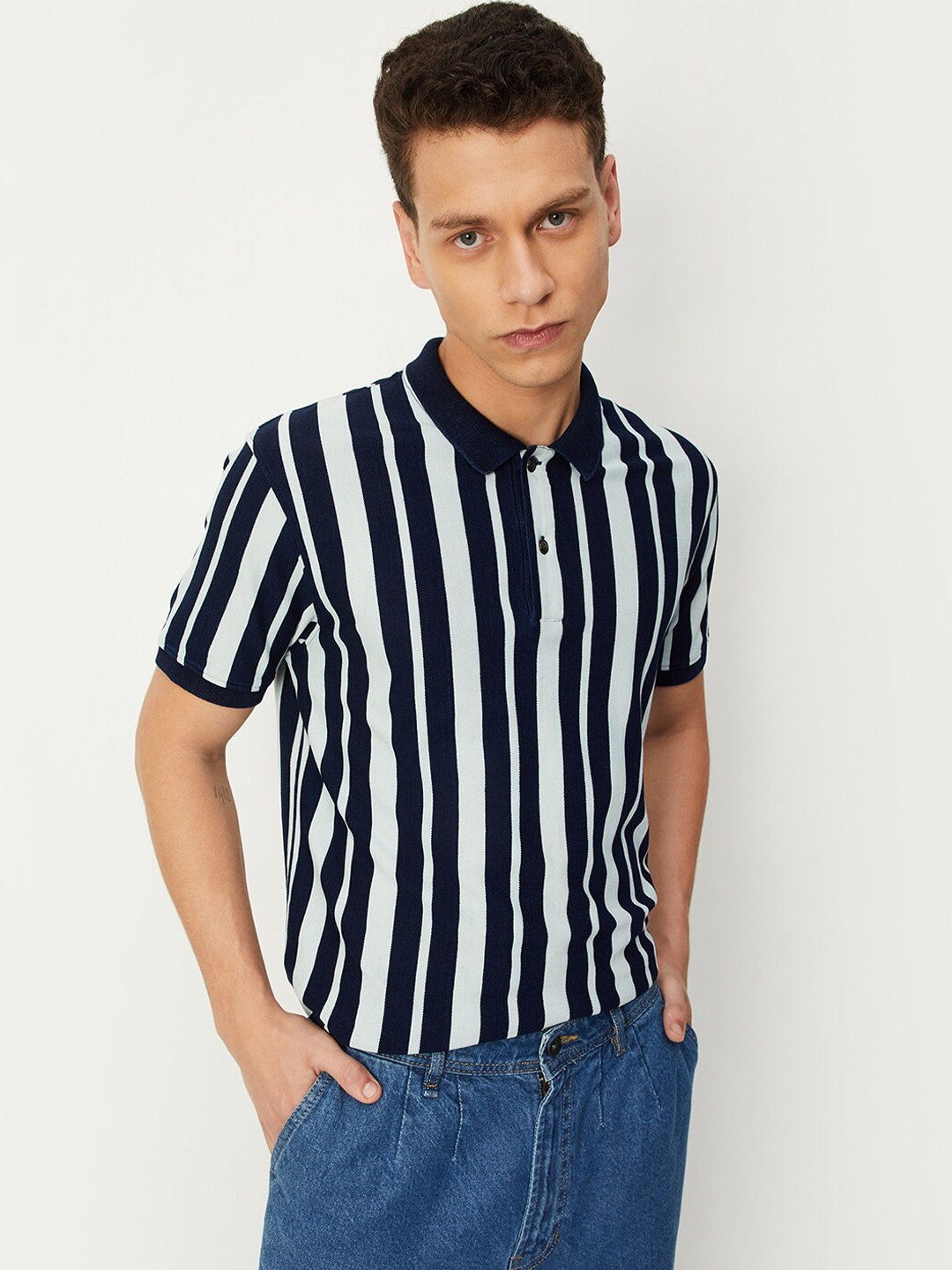 

max Striped Polo Collar Pure Cotton T-shirt, Blue