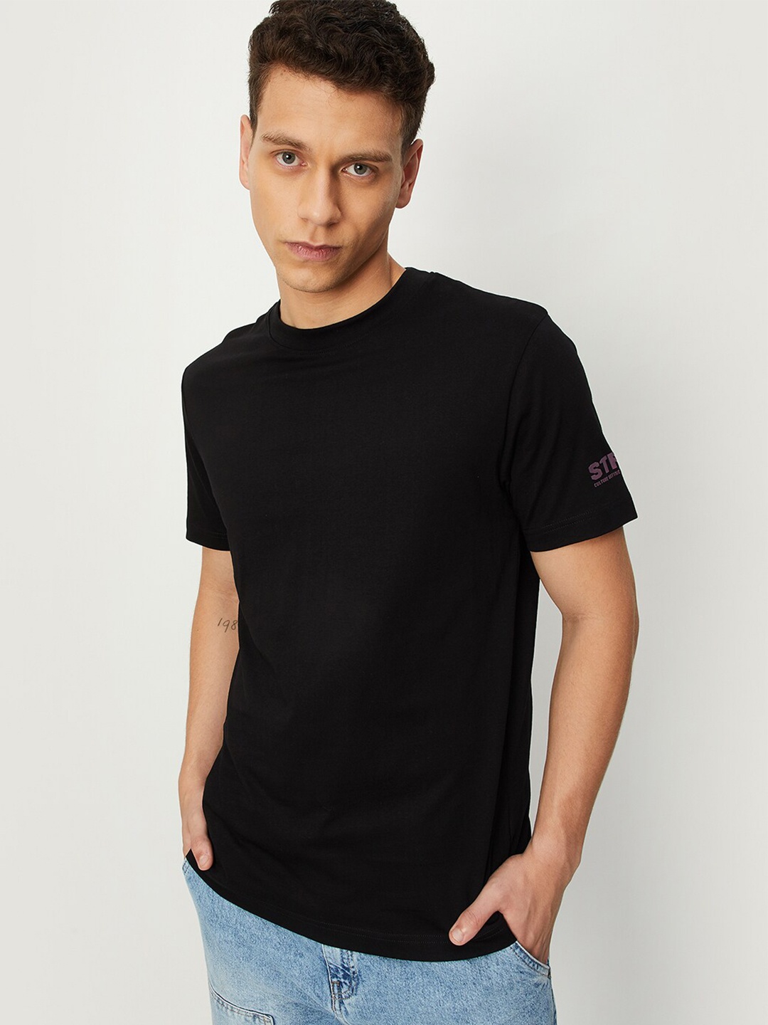 

max Round Neck Pure Cotton Regular Fit T-shirt, Black