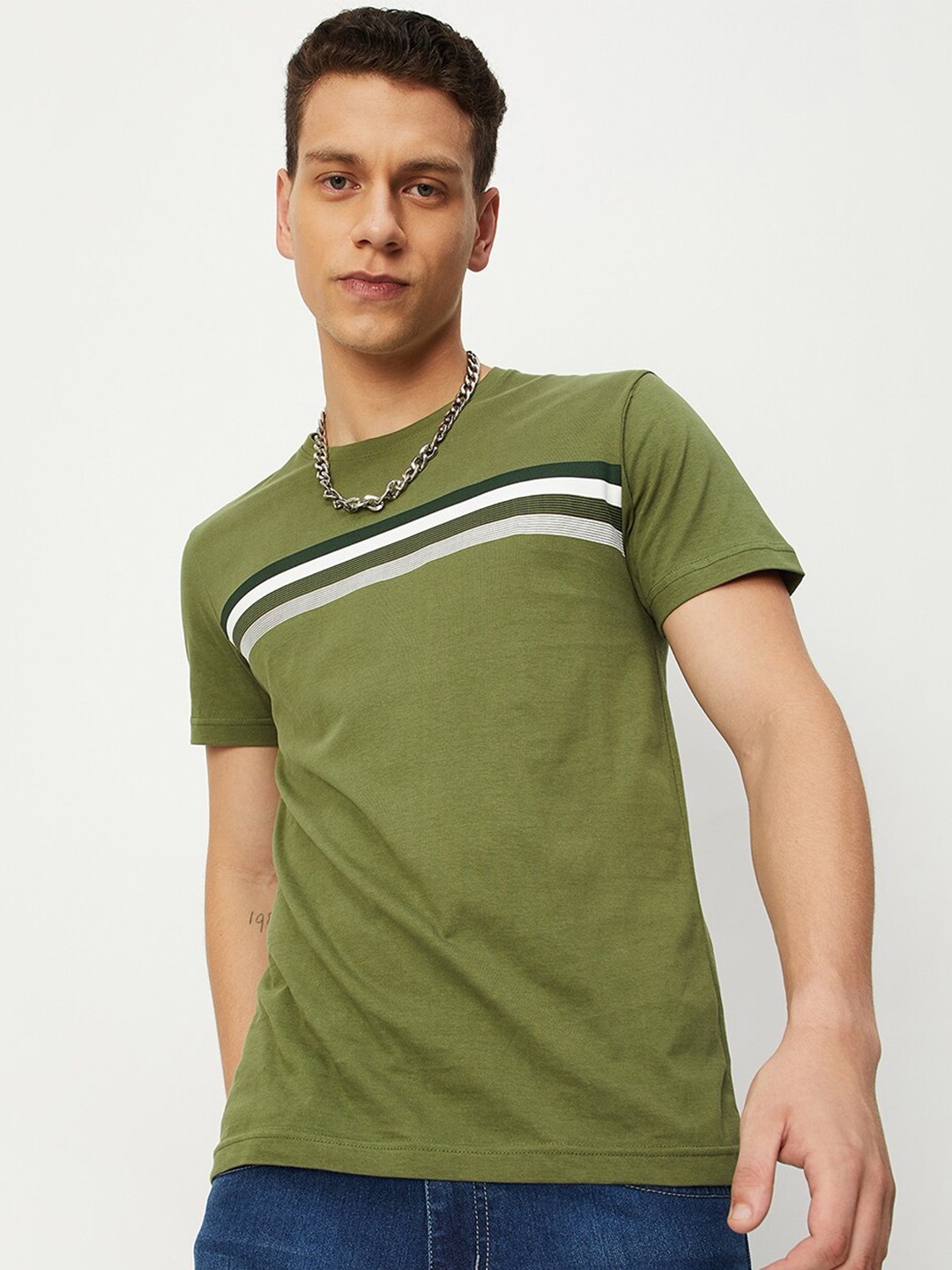 

max Striped Round Neck Pure Cotton T-shirt, Green