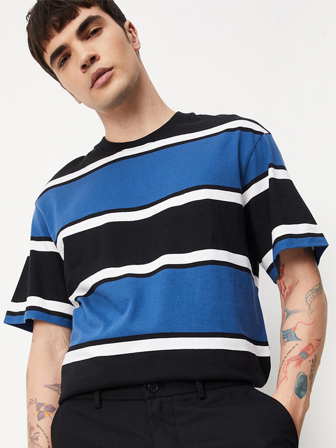 

max Striped Drop Shoulder Sleeves Pure Cotton T-shirt, Blue
