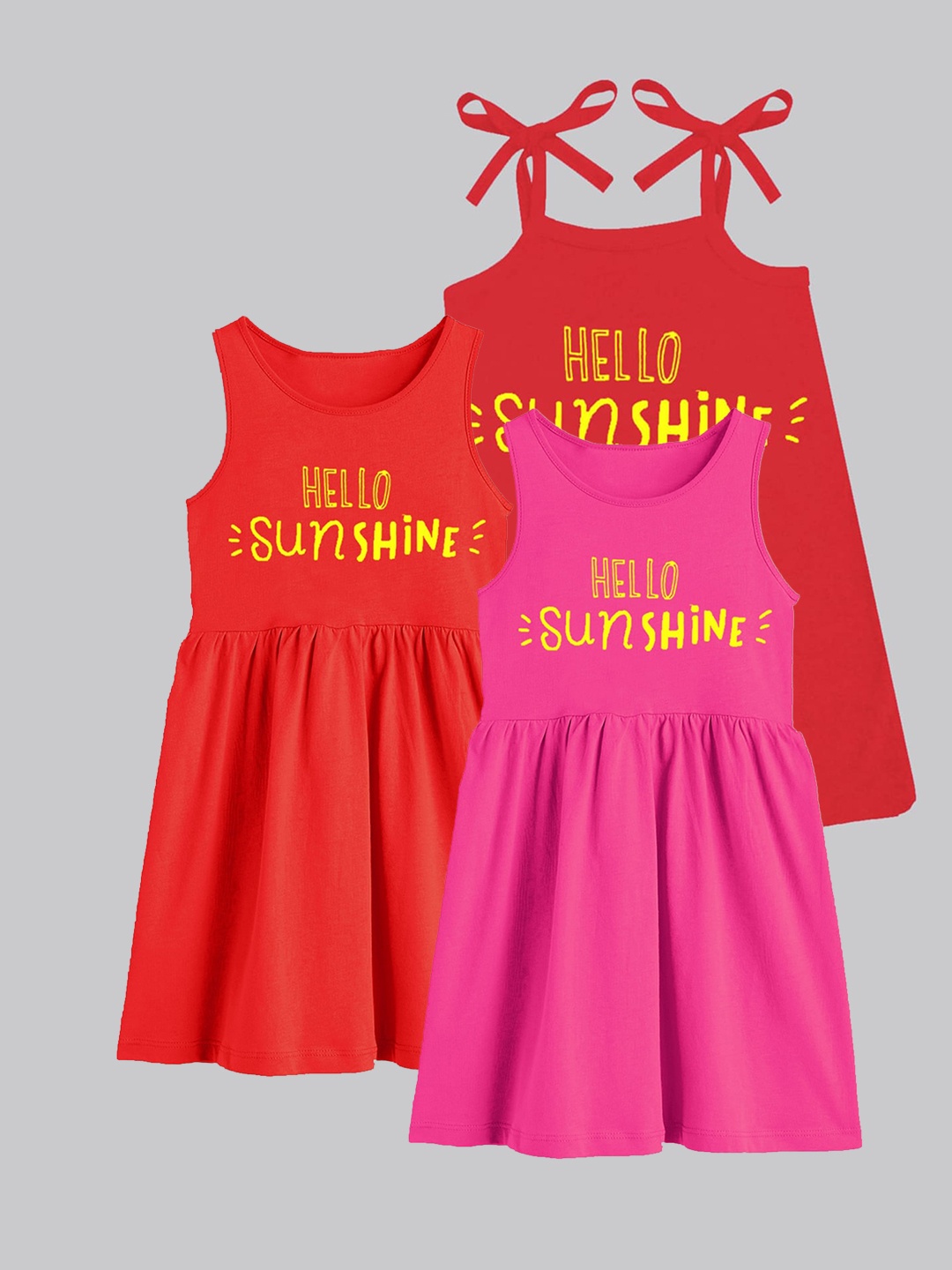 

A.T.U.N. Girls Pack Of 3 Typography Printed Sleeveless Cotton Fit & Flare Dress, Pink