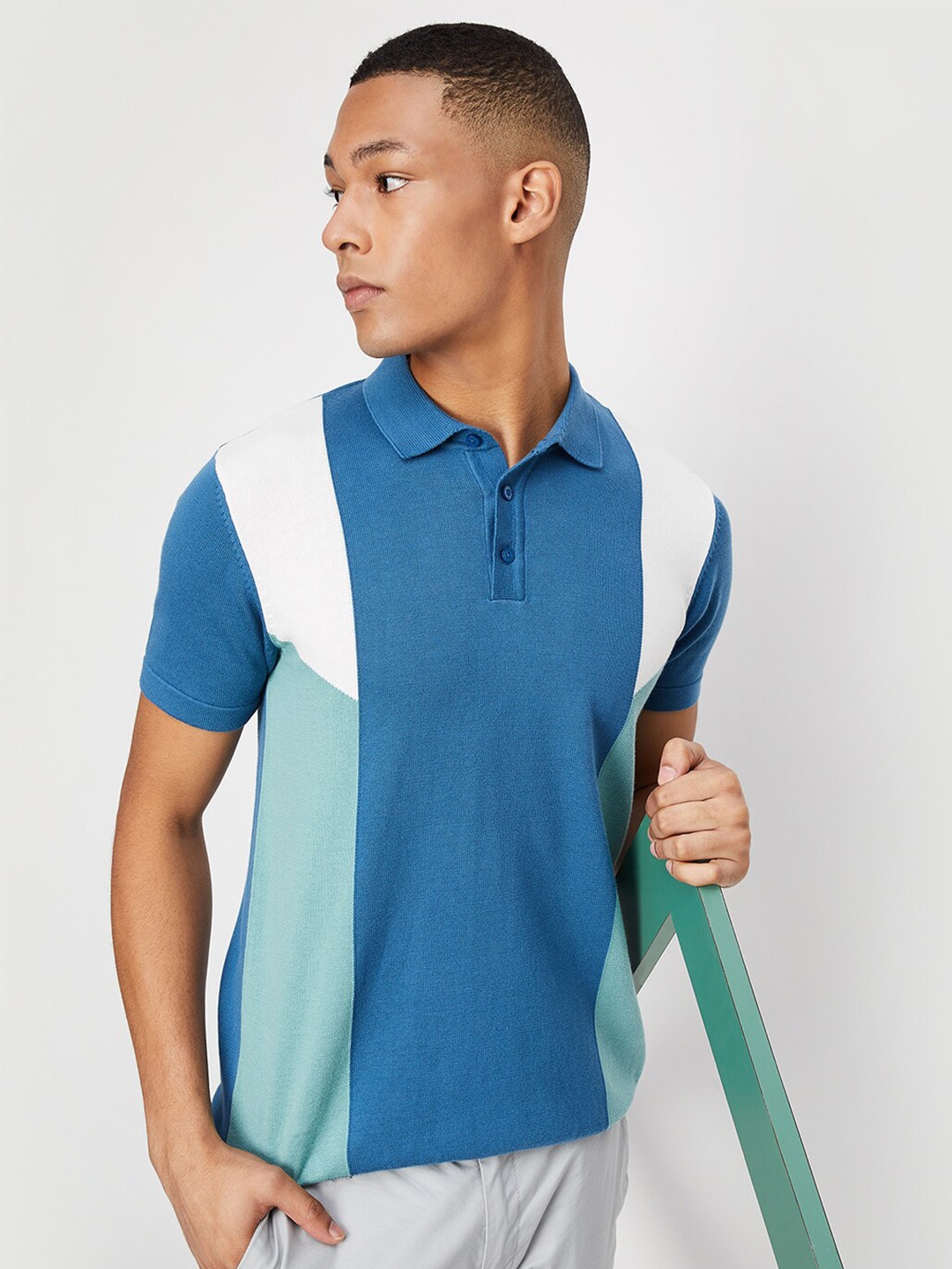 

max Colourblocked Polo Collar Cotton T-shirt, Blue