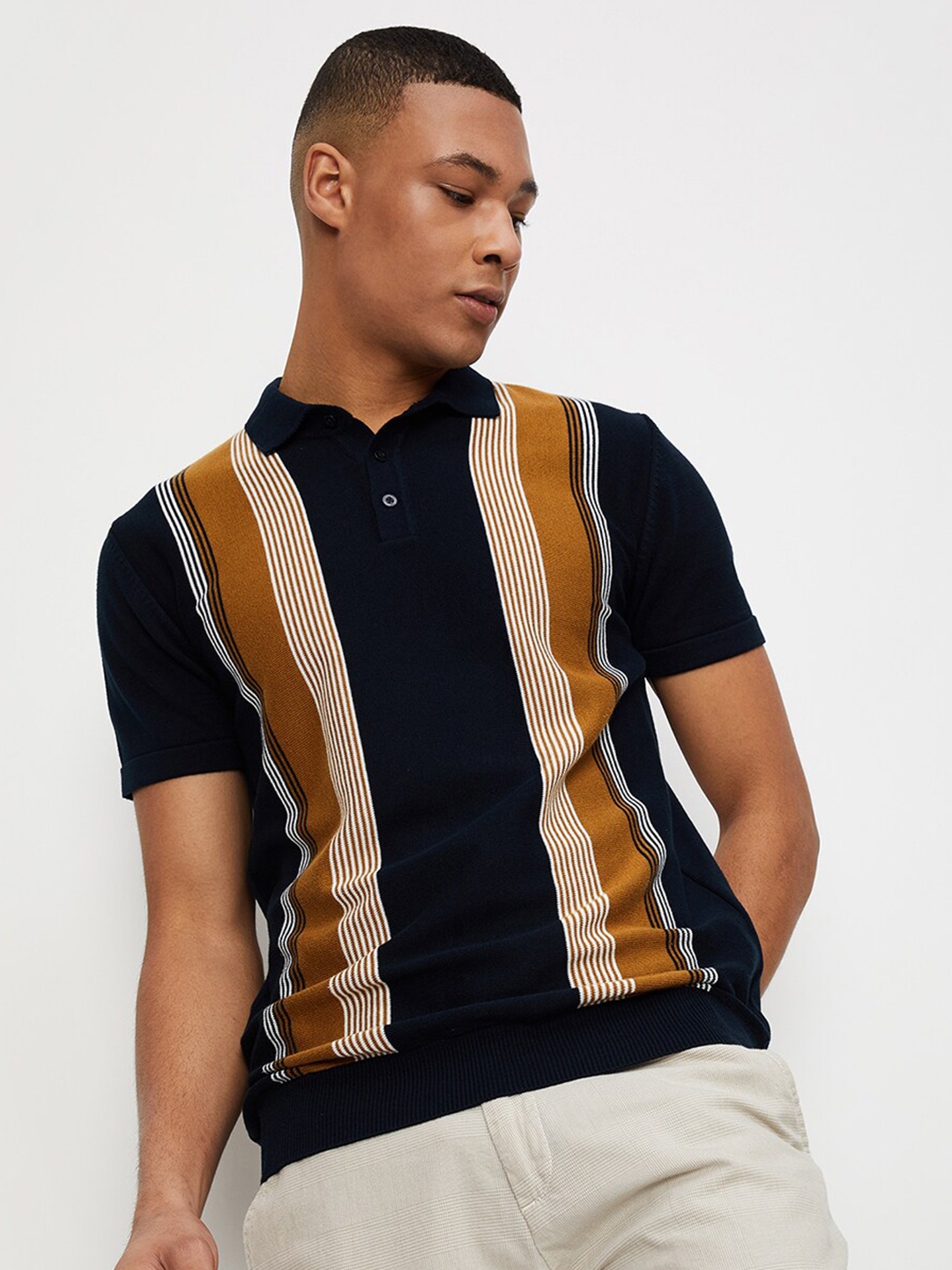 

max Striped Polo Collar Cotton T-shirt, Blue