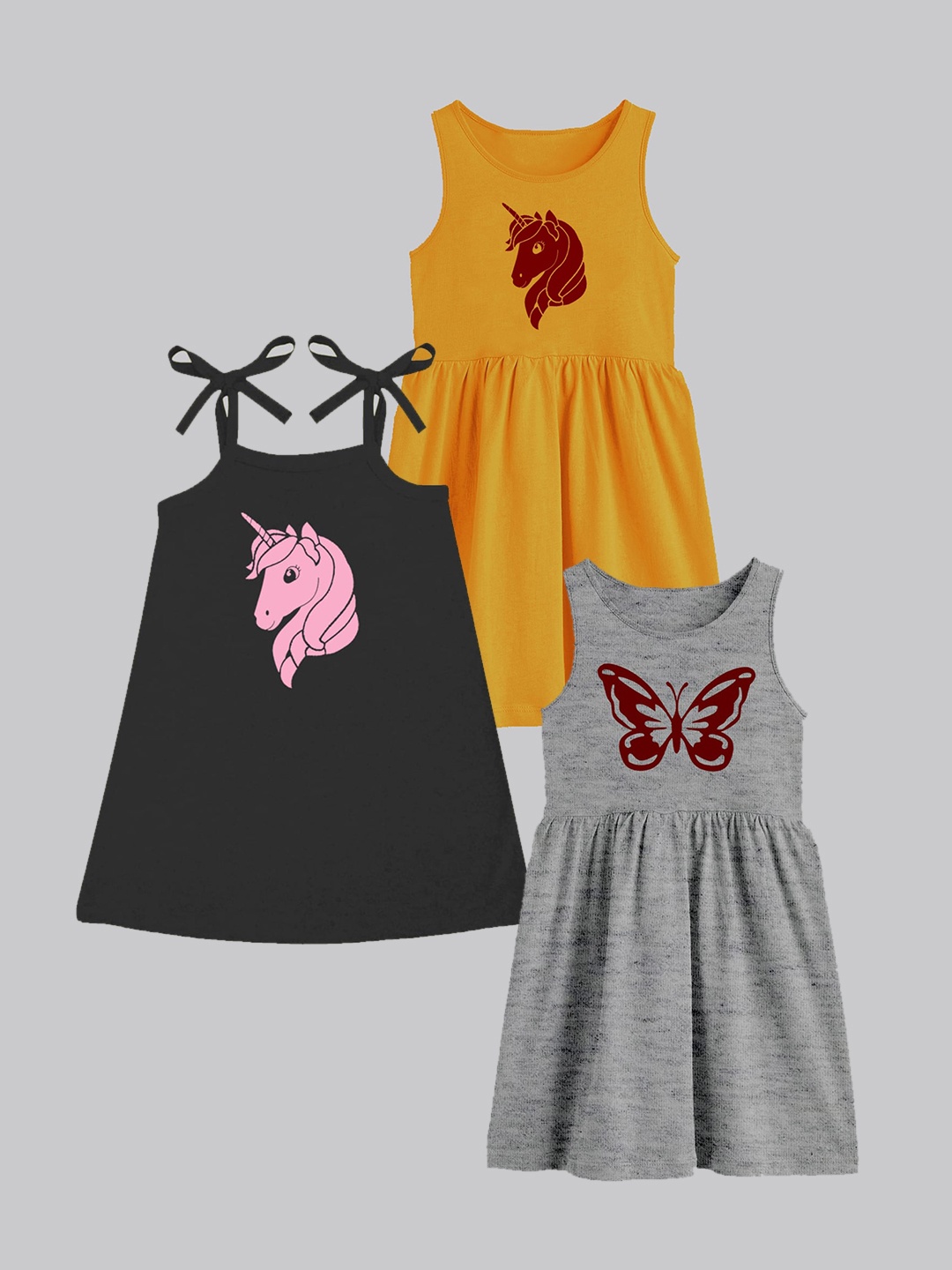 

A.T.U.N. Girls Pack Of 3 Printed Sleeveless Cotton Fit & Flare Dress, Grey melange