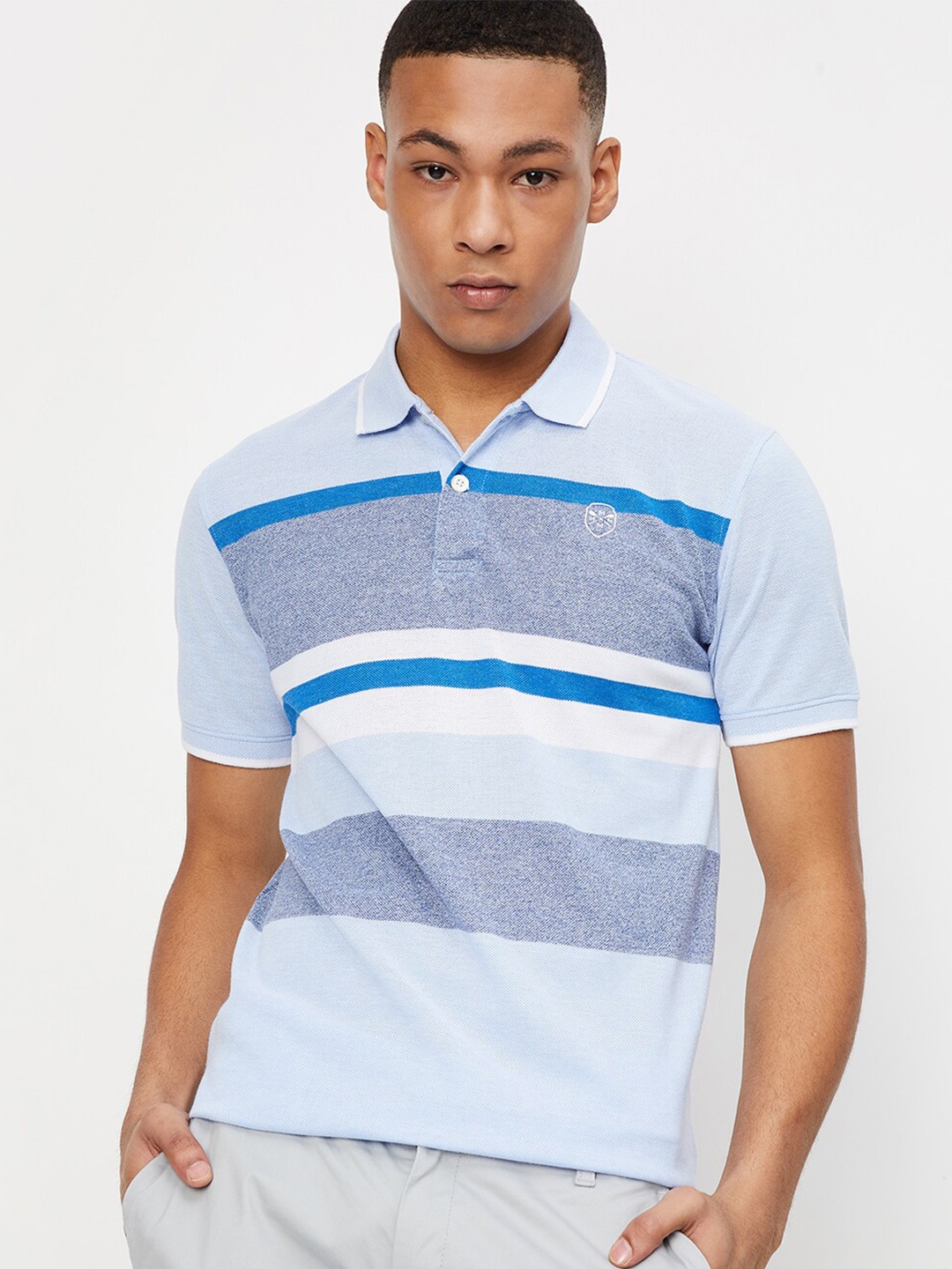 

max Striped Polo Collar Cotton T-shirt, Blue