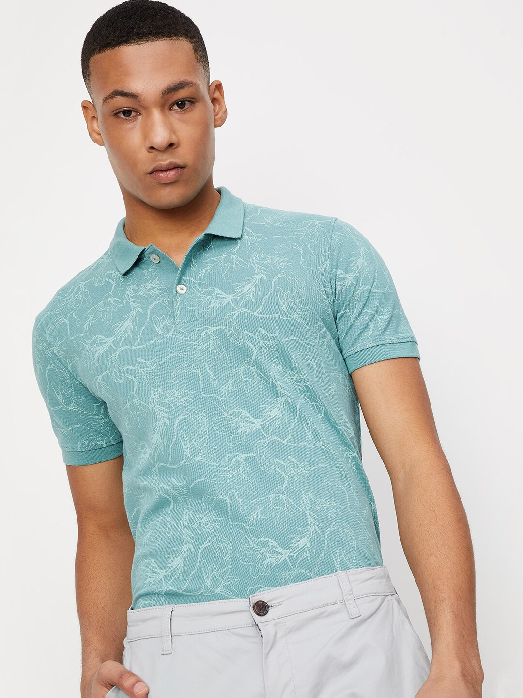 

max Floral Printed Polo Collar Cotton T-shirt, Green