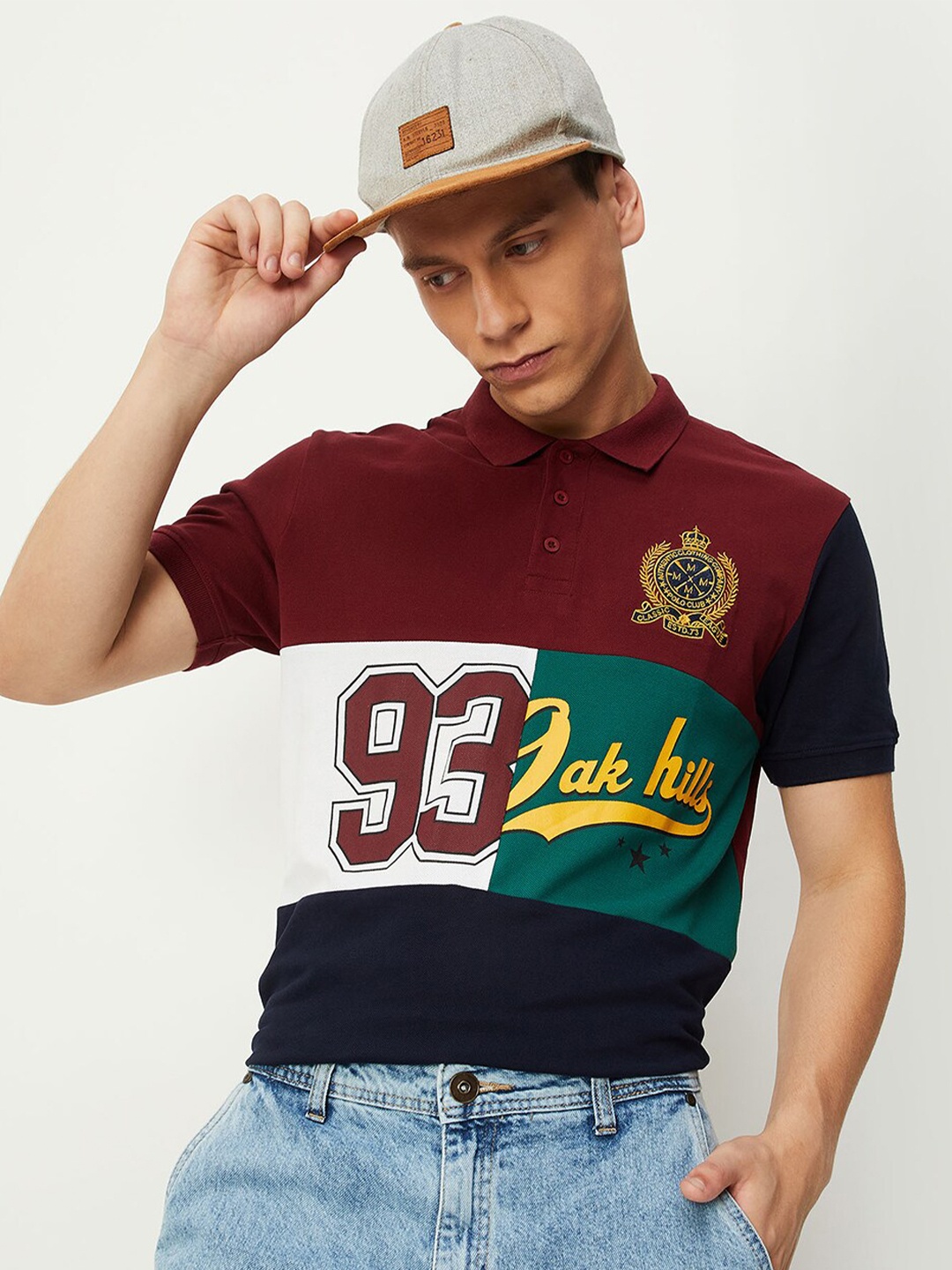 

max Colourblocked Polo Collar Pure Cotton T-shirt, Red