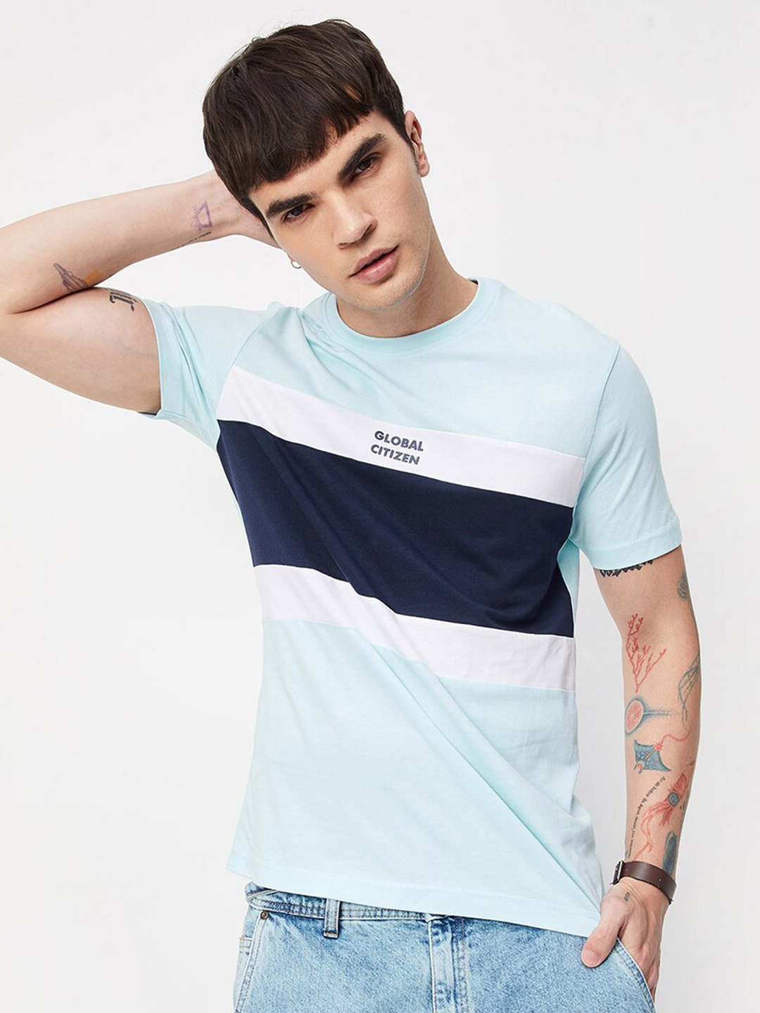 

max Men Colourblock Round Neck Cotton Casual T-Shirt, Blue