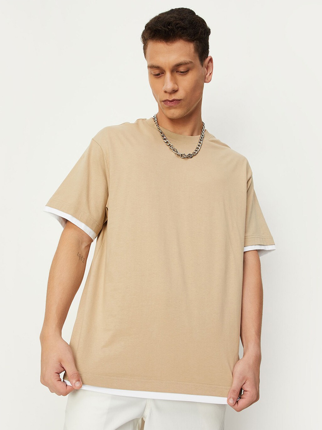 

max Round Neck Pure Cotton T-shirt, Beige