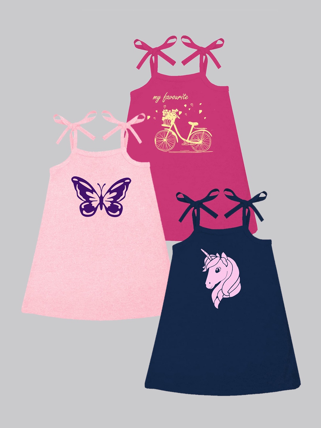 

A.T.U.N. Girls Pack Of 3 Printed Sleeveless Cotton A-Line Dress, Navy blue