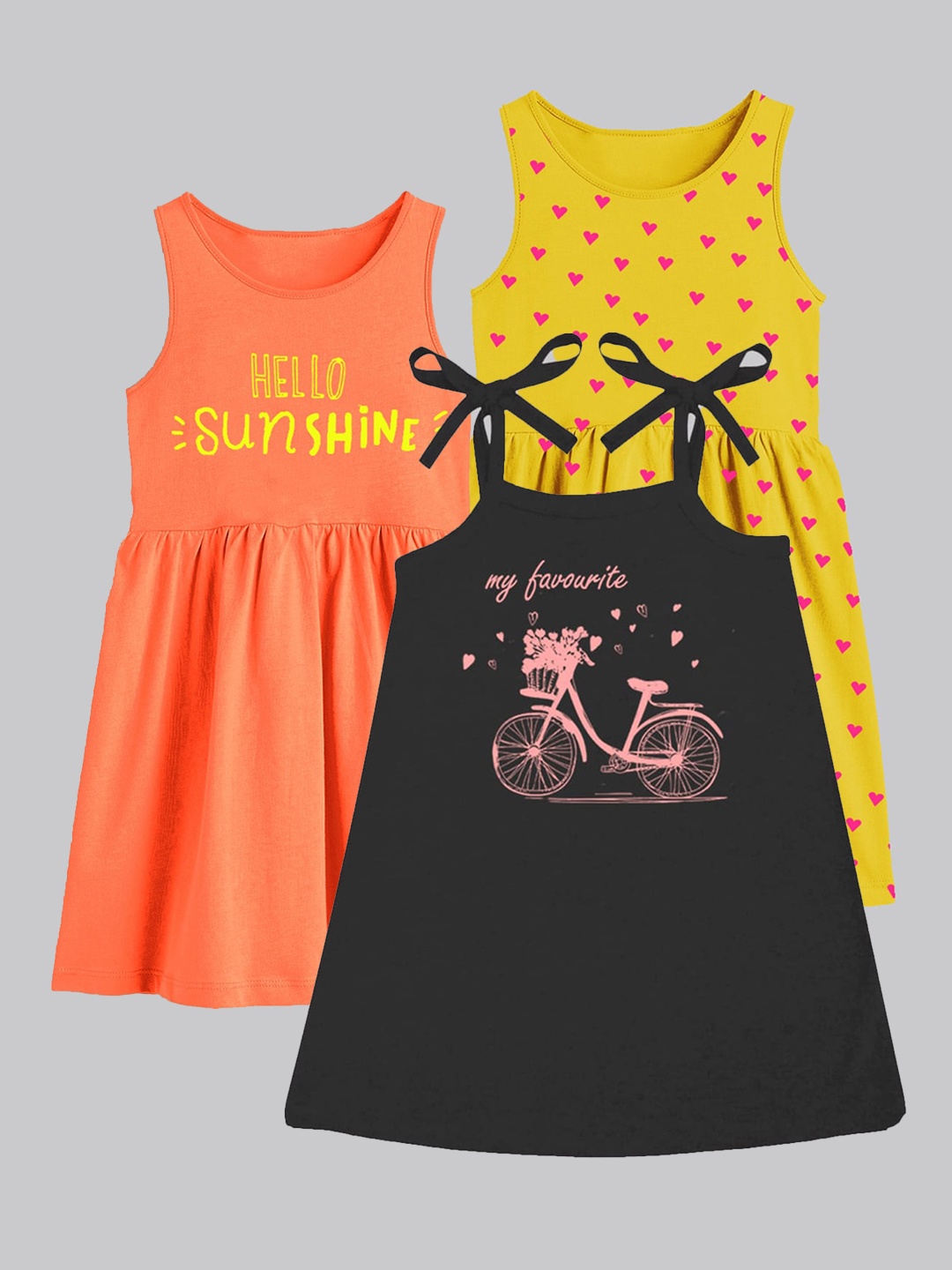 

A.T.U.N. Girls Pack Of 3 Printed Sleeveless Cotton Fit & Flare Dress, Black