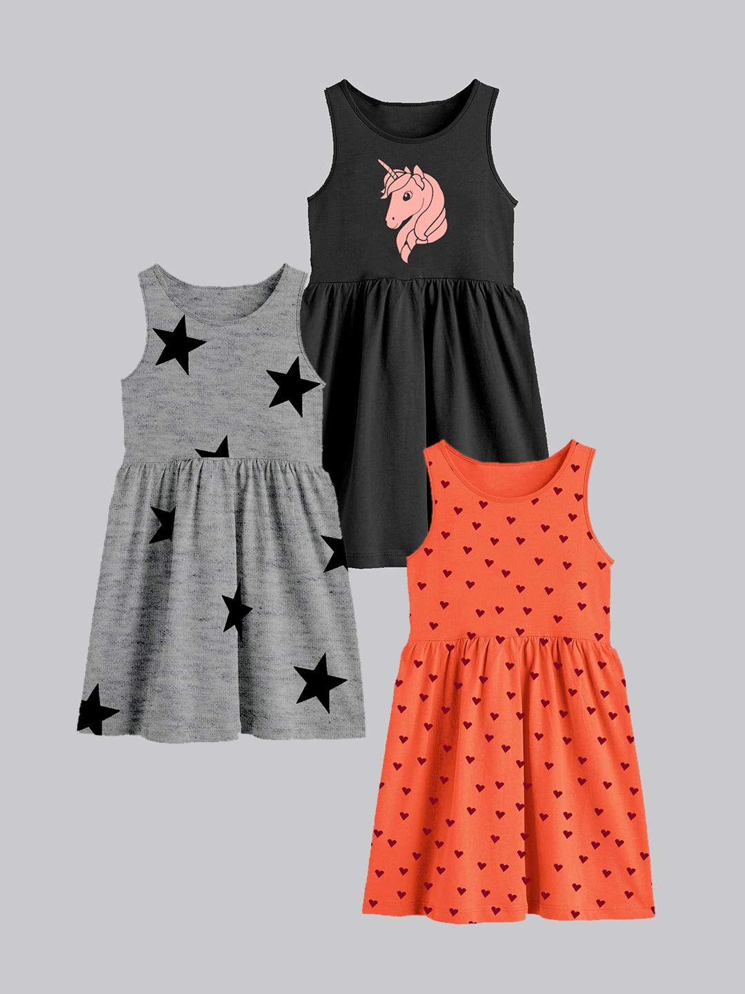 

A.T.U.N. Girls Pack Of 3 Printed Sleeveless Cotton Fit & Flare Dress, Orange