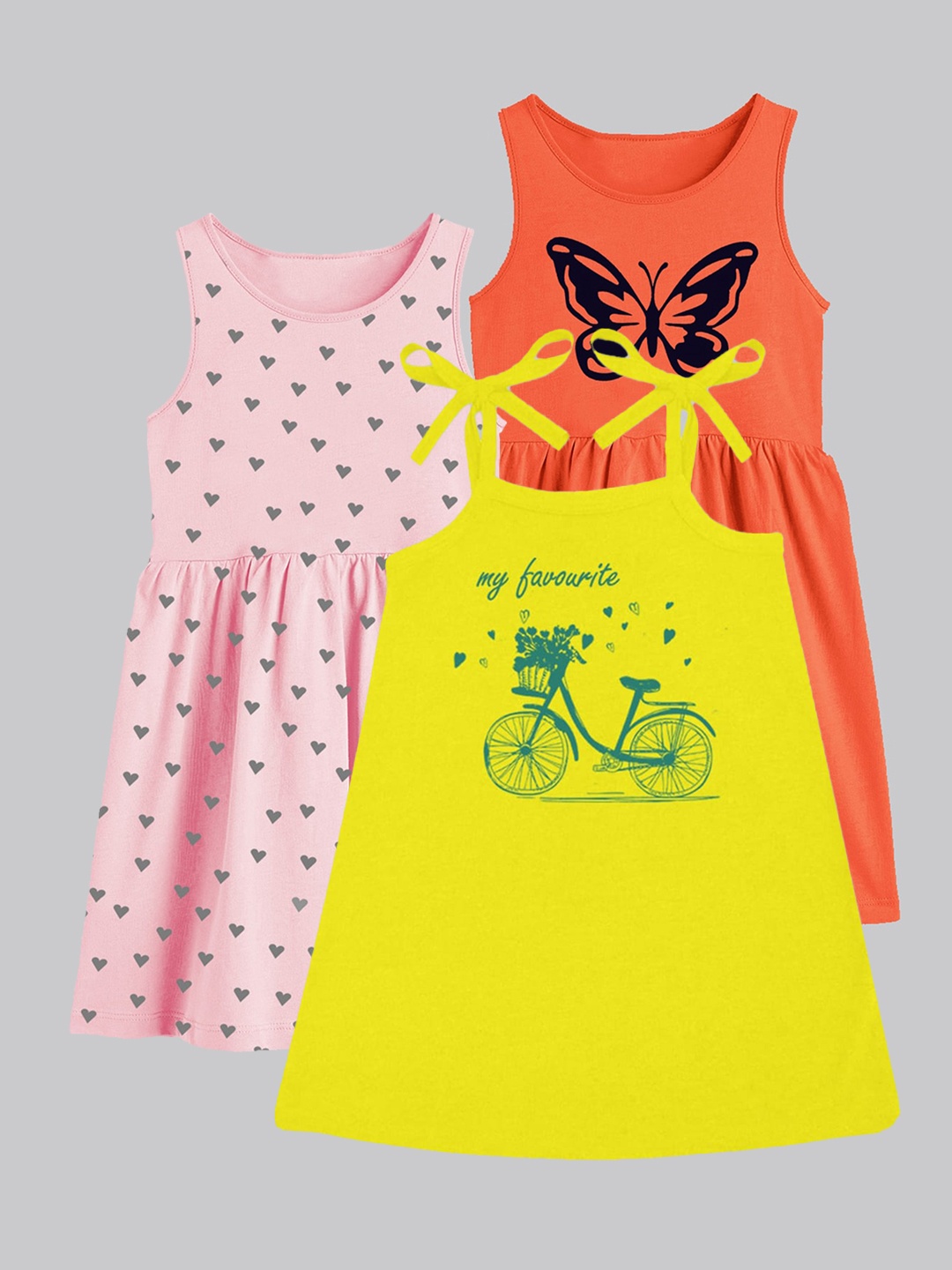 

A.T.U.N. Girls Pack Of 3 Printed Sleeveless Cotton Fit & Flare Dress, Yellow