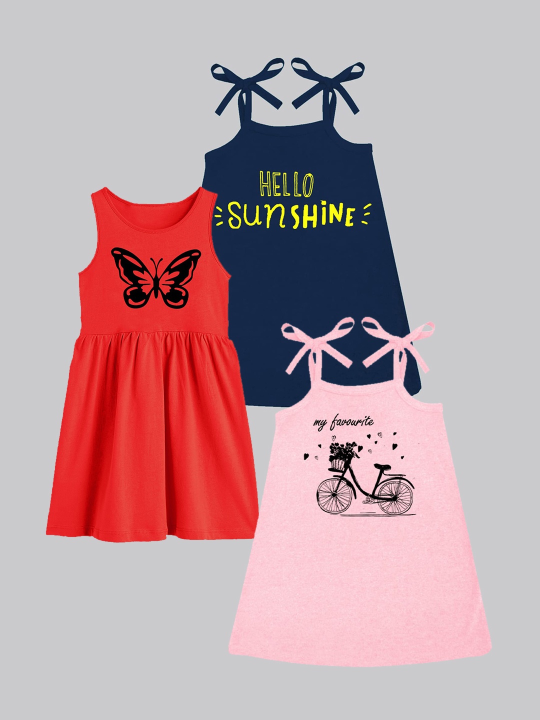 

A.T.U.N. Girls Pack Of 3 Printed Sleeveless Cotton A-Line Dress, Pink