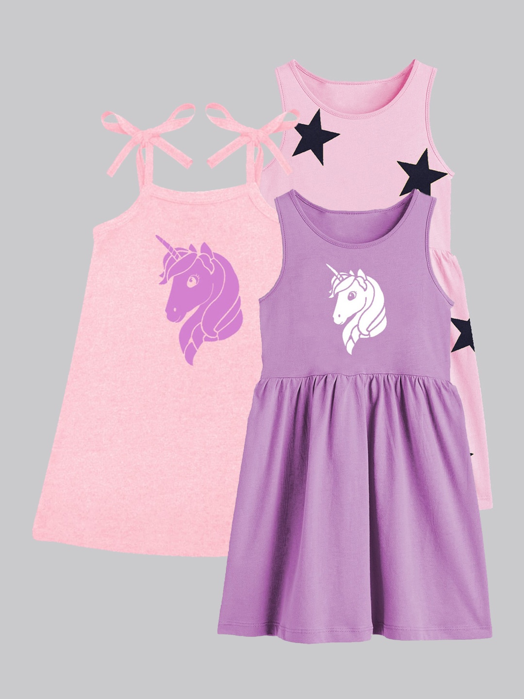 

A.T.U.N. Girls Pack Of 3 Printed Sleeveless Cotton Fit & Flare Dress, Lavender