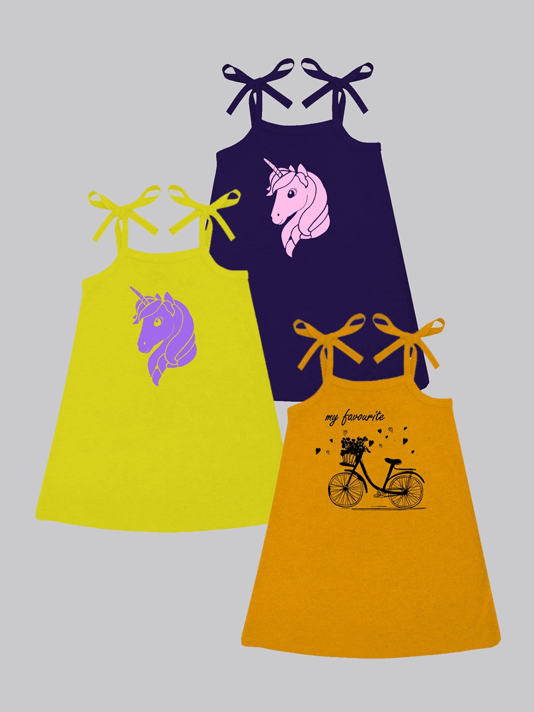 

A.T.U.N. Girls Pack Of 3 Printed Sleeveless Cotton A-Line Dress, Mustard